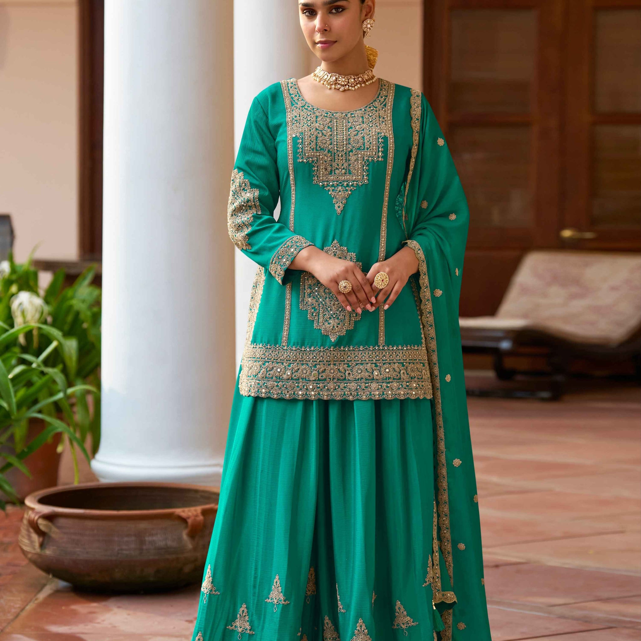 Green Real Chinon Embroidered Sharara Suit with Dupatta