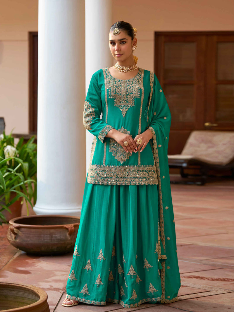 Green Real Chinon Embroidered Sharara Suit with Dupatta