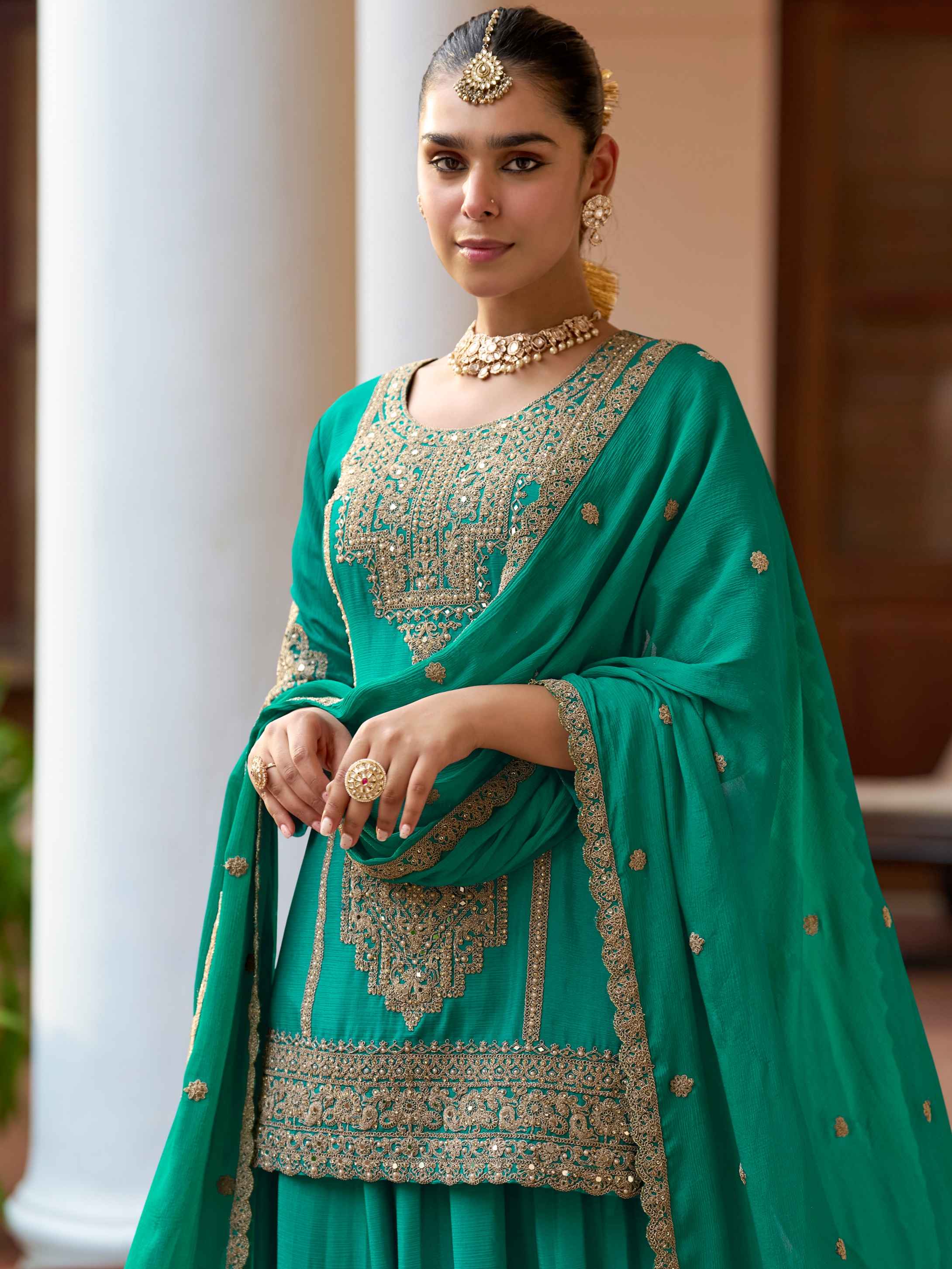 Green Real Chinon Embroidered Sharara Suit with Dupatta