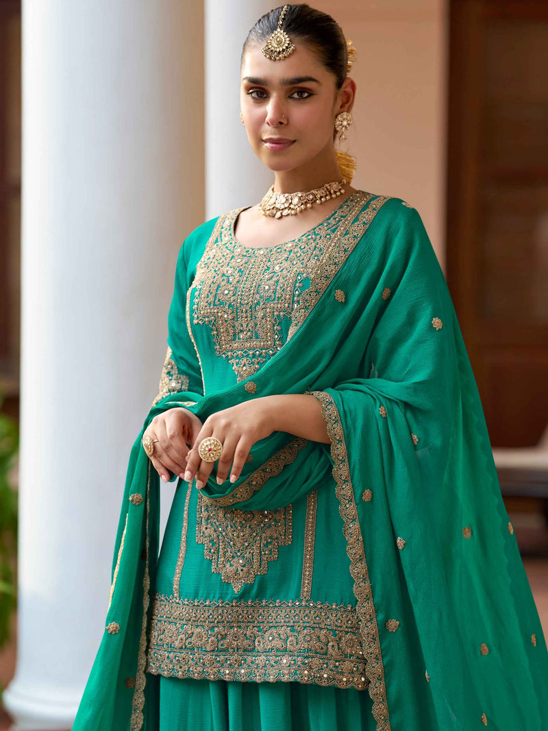 Green Real Chinon Embroidered Sharara Suit with Dupatta