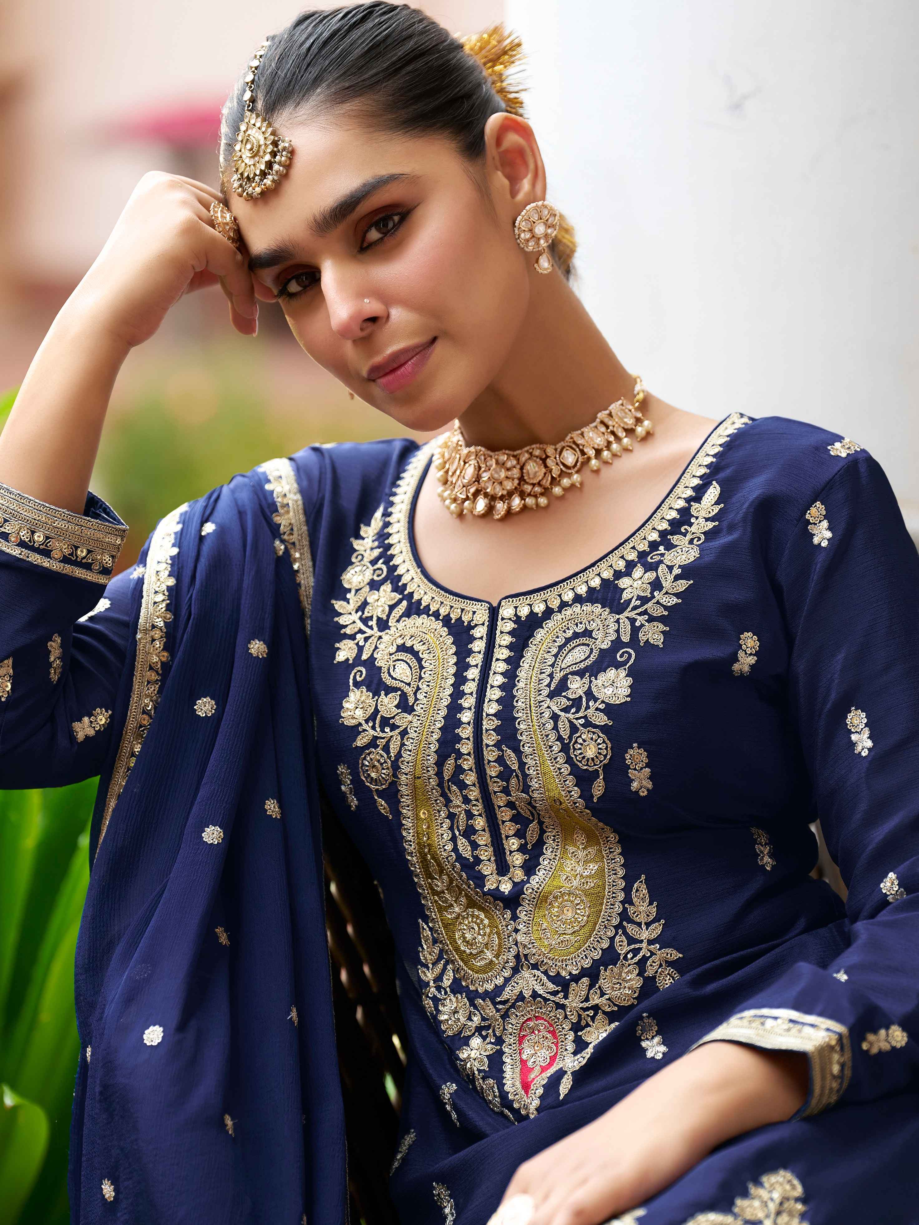 Navy Blue Real Chinon Embroidered Sharara Suit with Dupatta