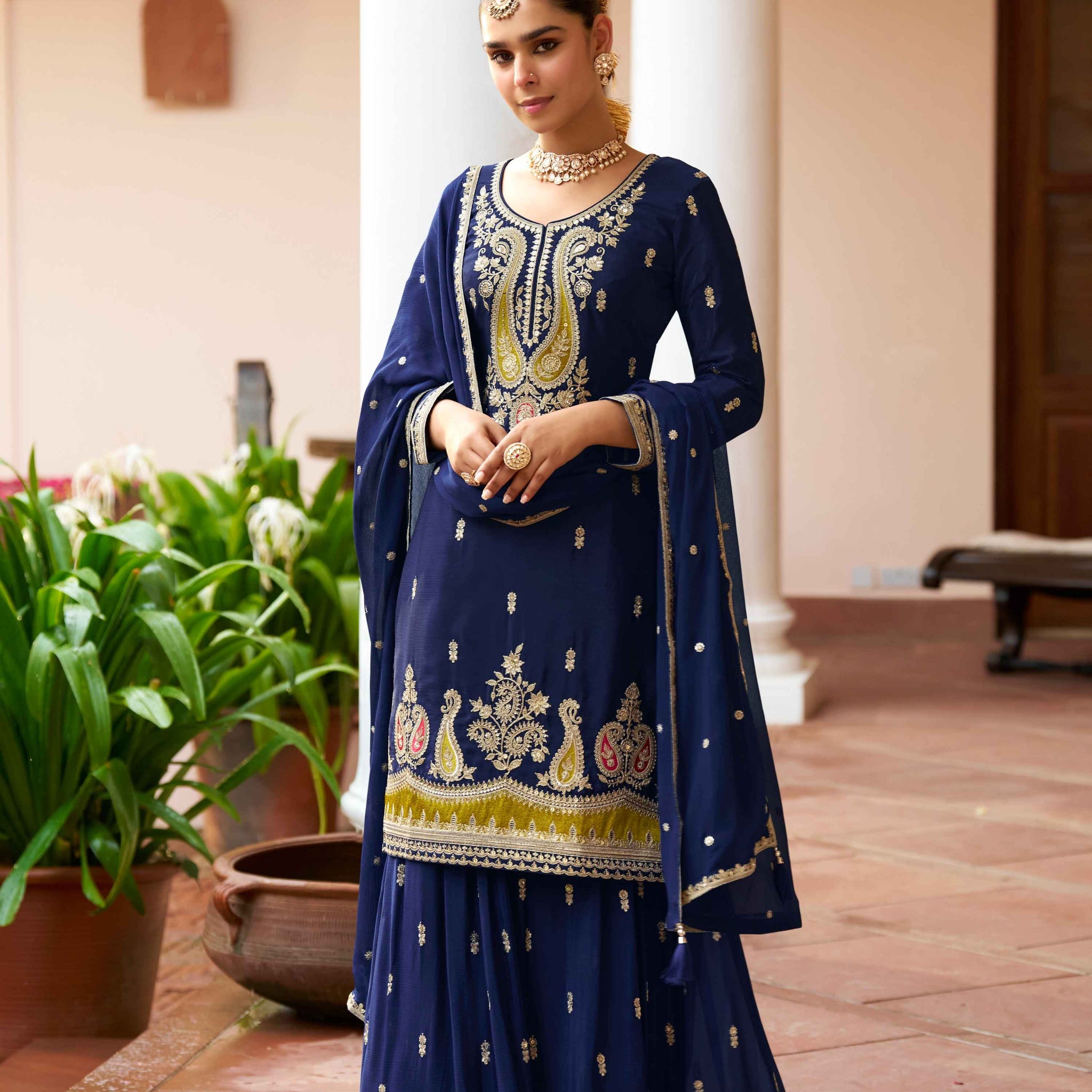 Navy Blue Real Chinon Embroidered Sharara Suit with Dupatta