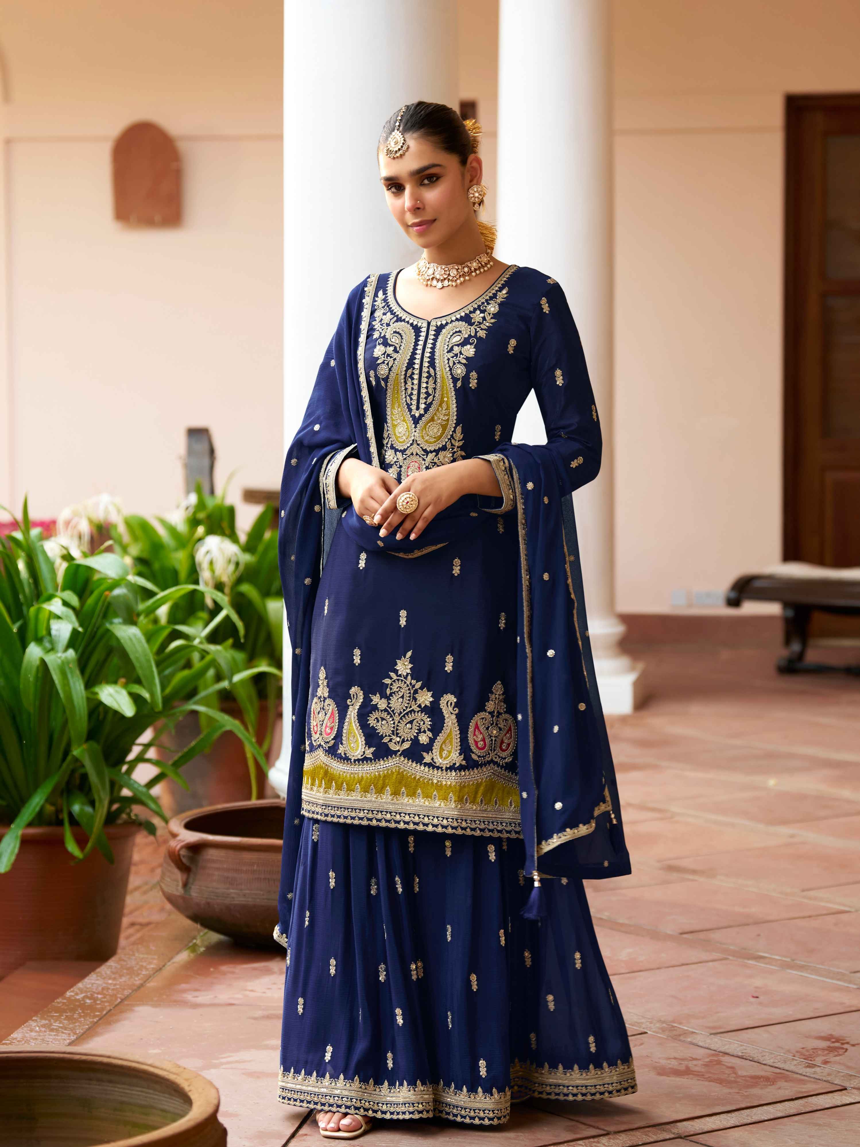 Navy Blue Real Chinon Embroidered Sharara Suit with Dupatta