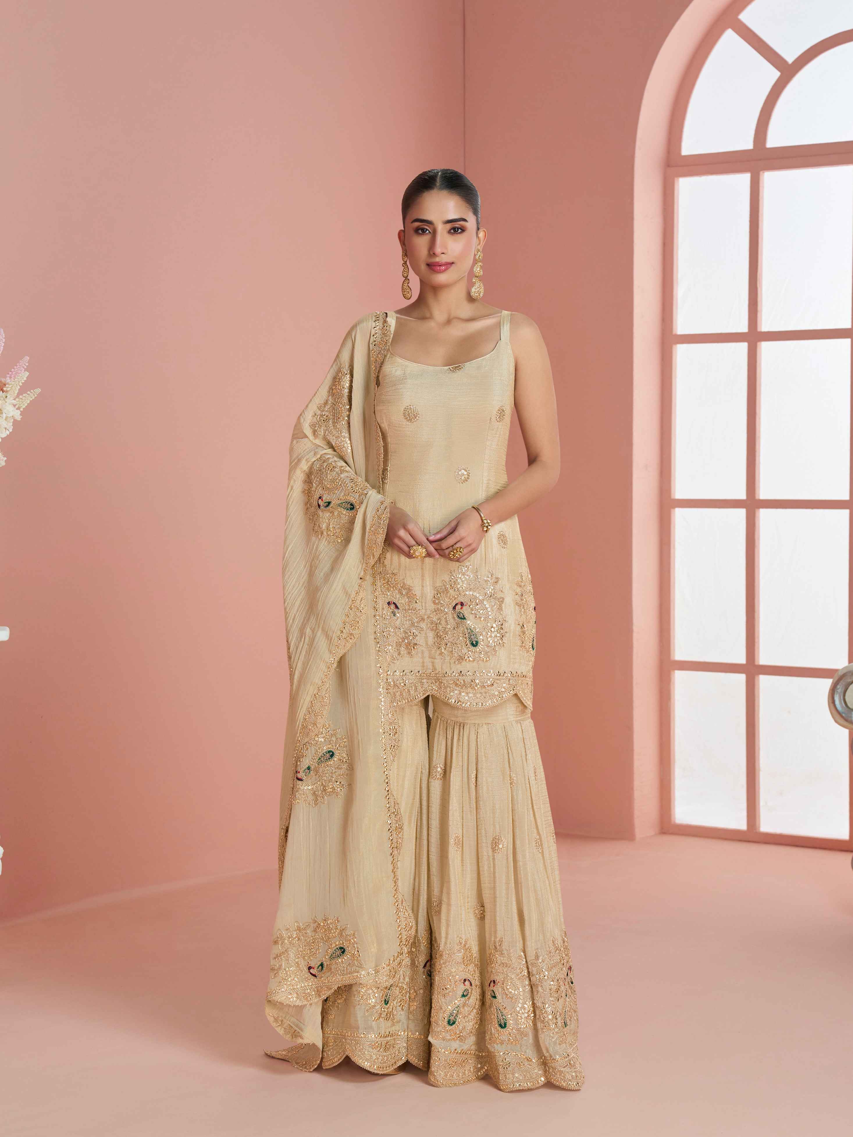 Champagne Gold Chinon Silk Heavy Embroidered Sharara Suit