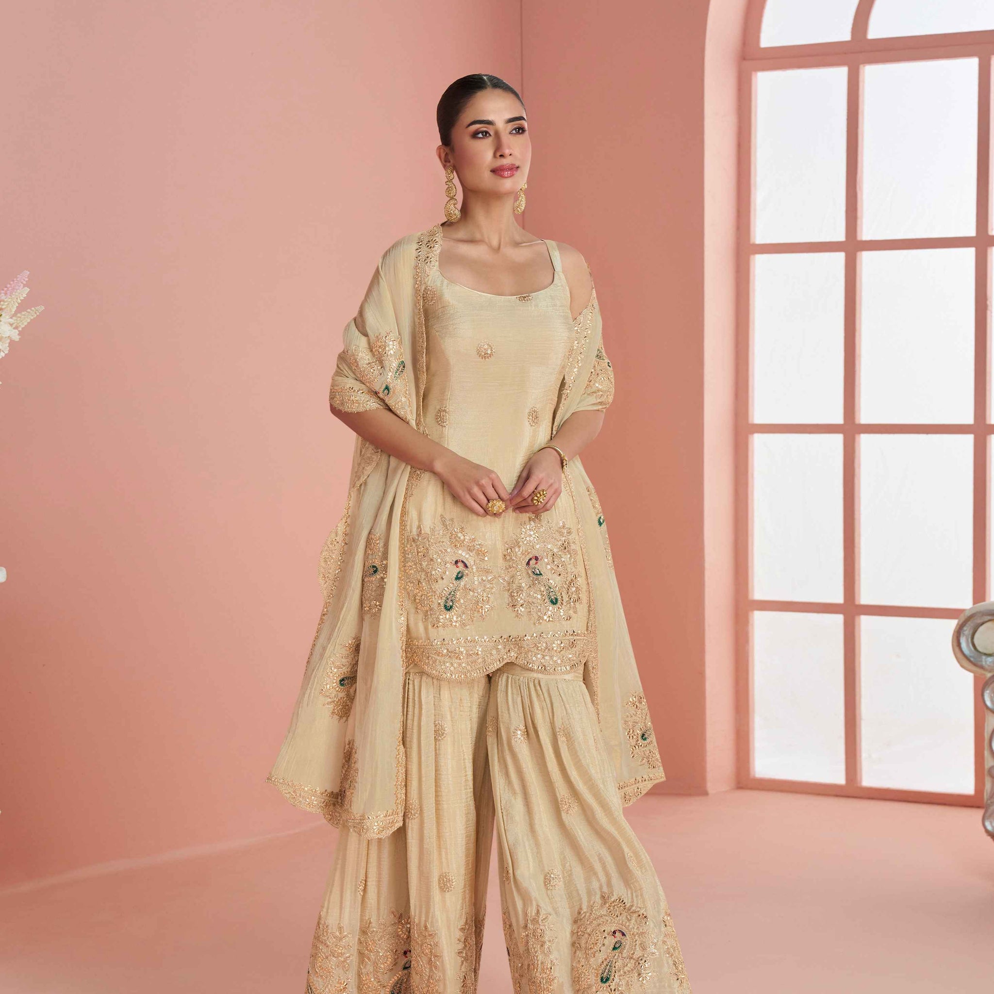 Champagne Gold Chinon Silk Heavy Embroidered Sharara Suit