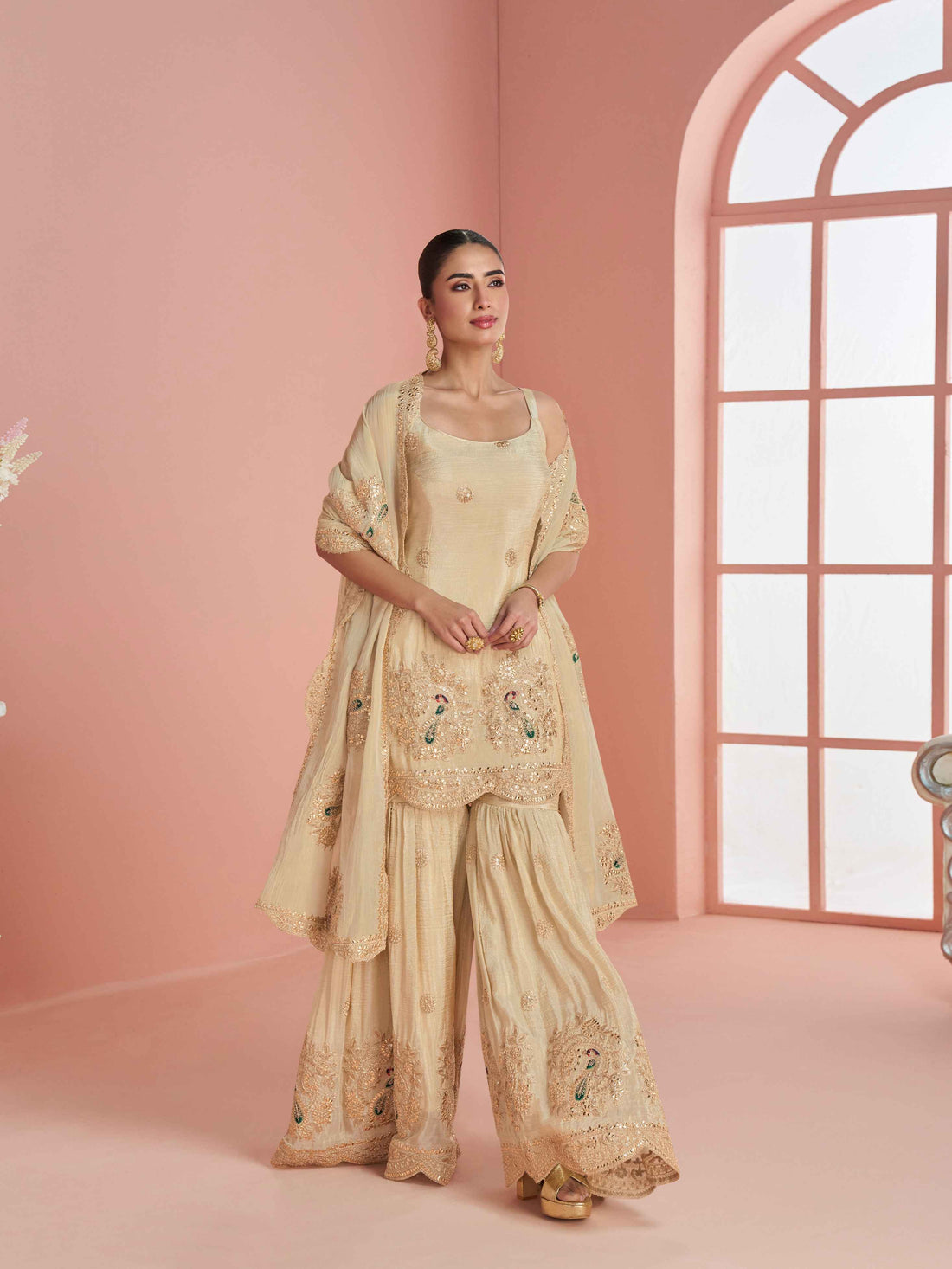Champagne Gold Chinon Silk Heavy Embroidered Sharara Suit Sharara Suit Anant Tex Exports Pvt.Ltd..