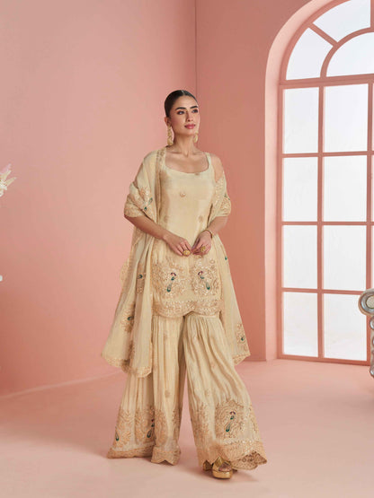 Champagne Gold Chinon Silk Heavy Embroidered Sharara Suit Sharara Suit Anant Tex Exports Pvt.Ltd..