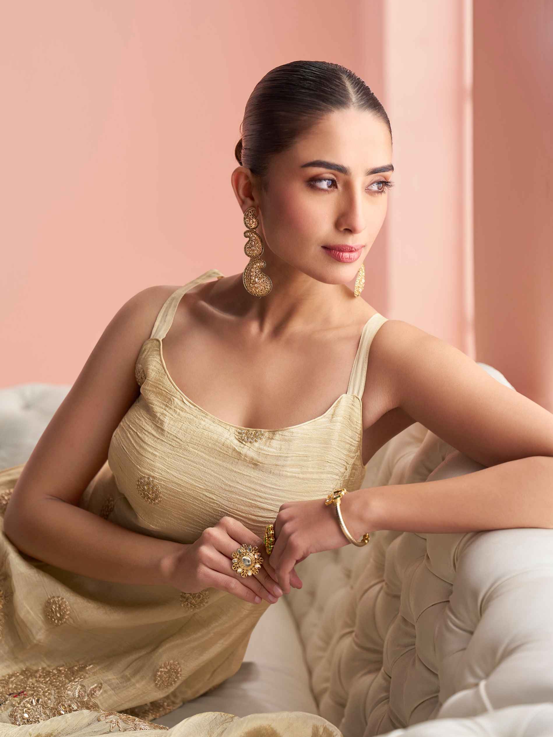 Champagne Gold Chinon Silk Heavy Embroidered Sharara Suit