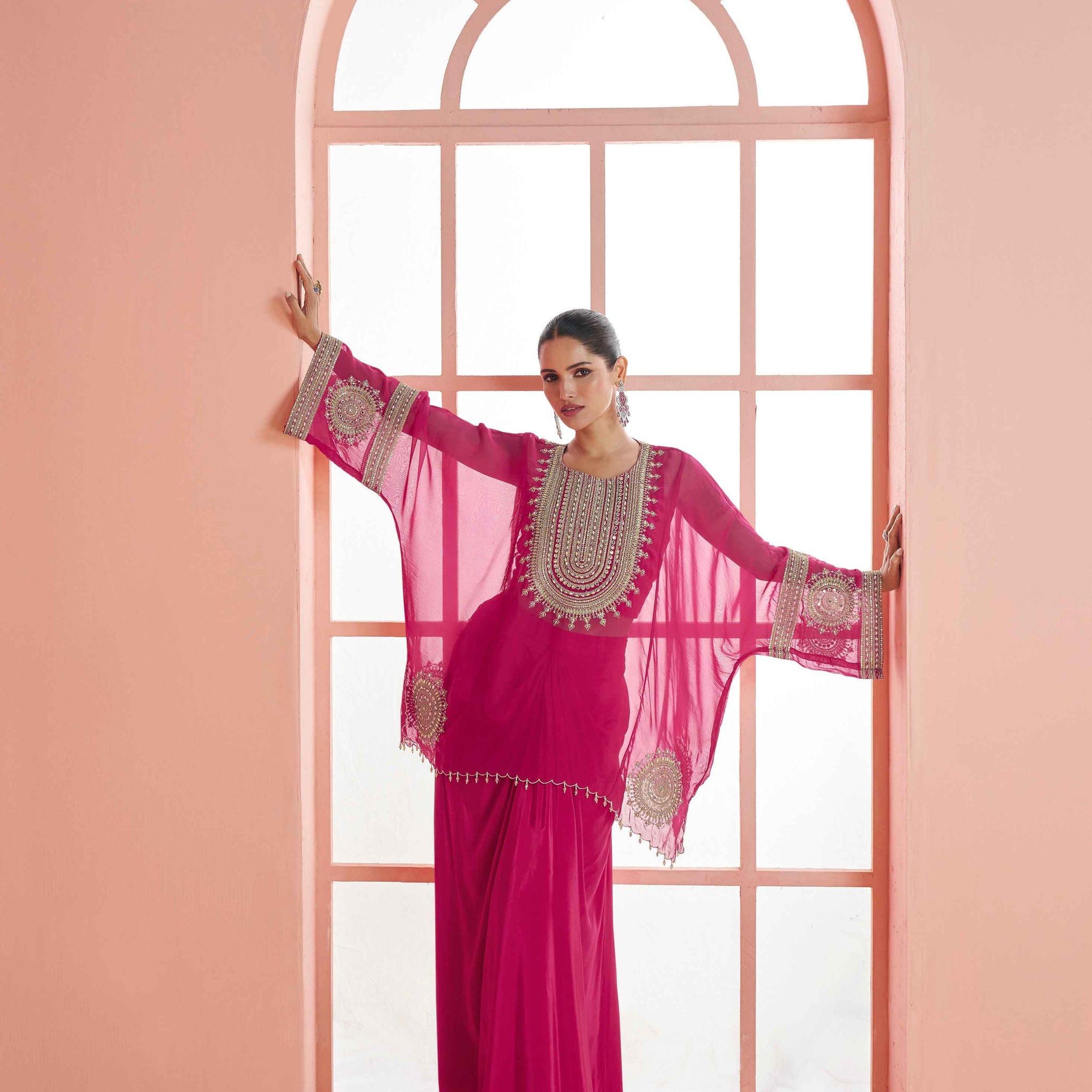 Magenta Premium Chinon Silk Embroidered Kaftan Style Sharara Set