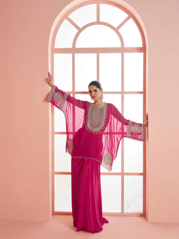 Magenta Premium Chinon Silk Embroidered Kaftan Style Sharara Set