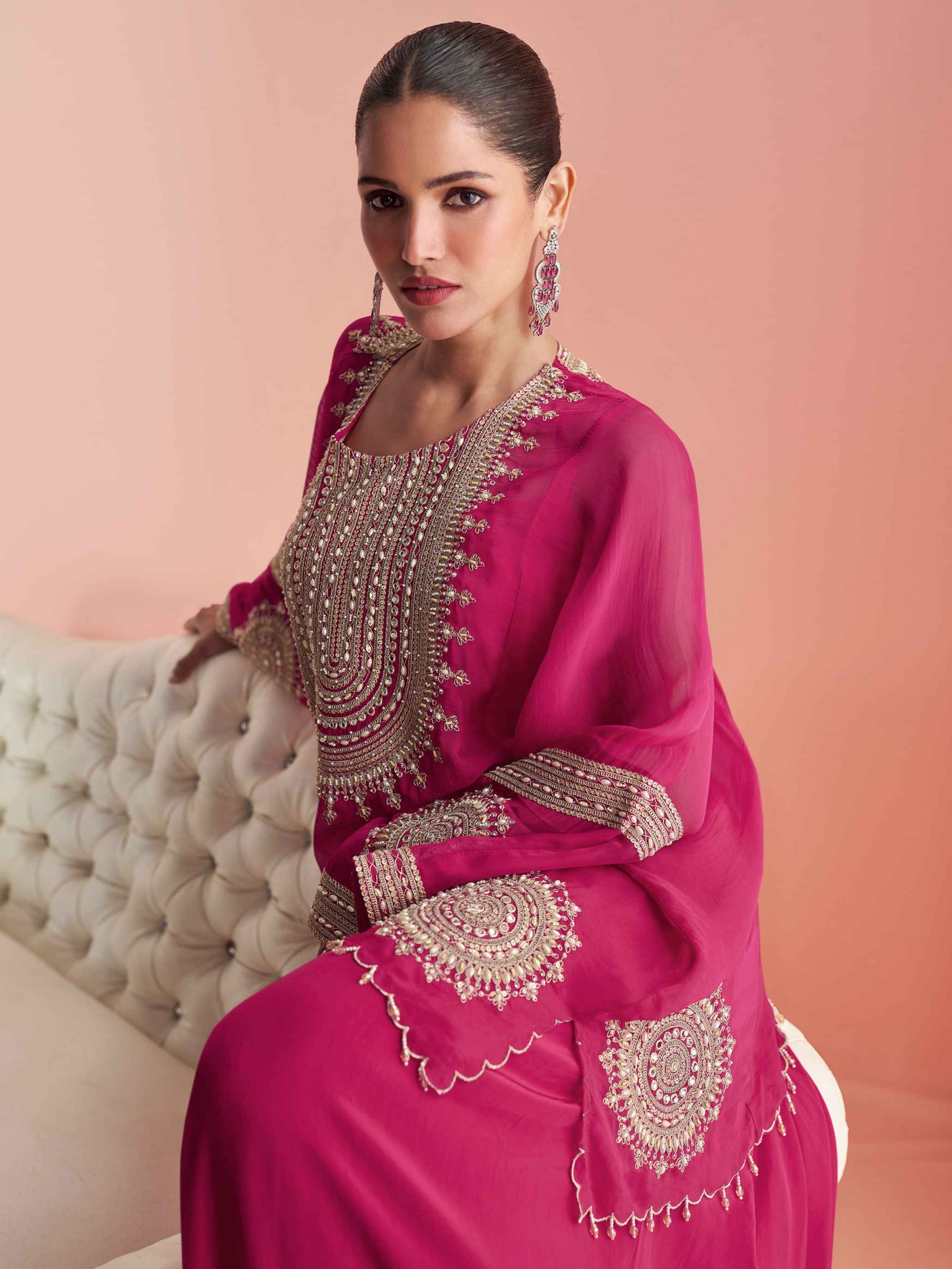 Magenta Premium Chinon Silk Embroidered Kaftan Style Sharara Set