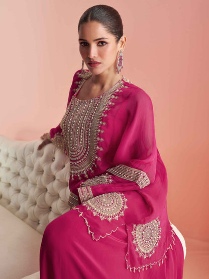 Magenta Premium Chinon Silk Embroidered Kaftan Style Sharara Set Sharara Suit Anant Tex Exports Pvt.Ltd..