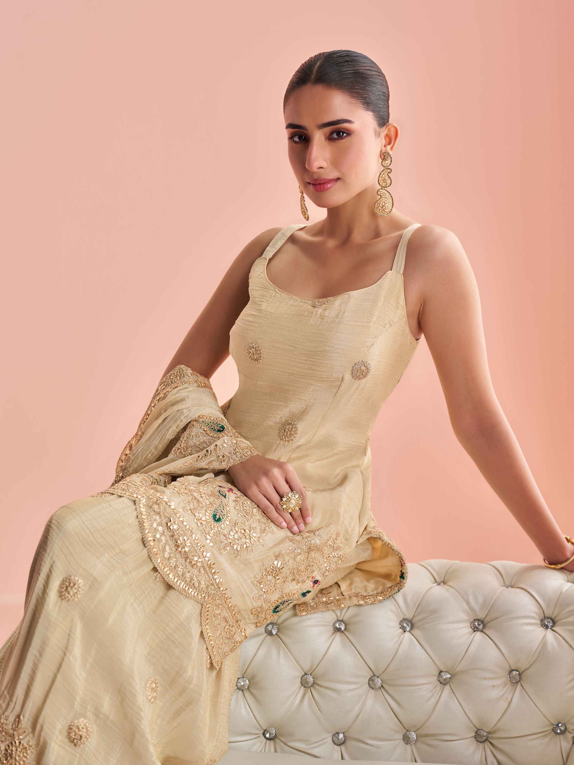 Champagne Gold Chinon Silk Heavy Embroidered Sharara Suit