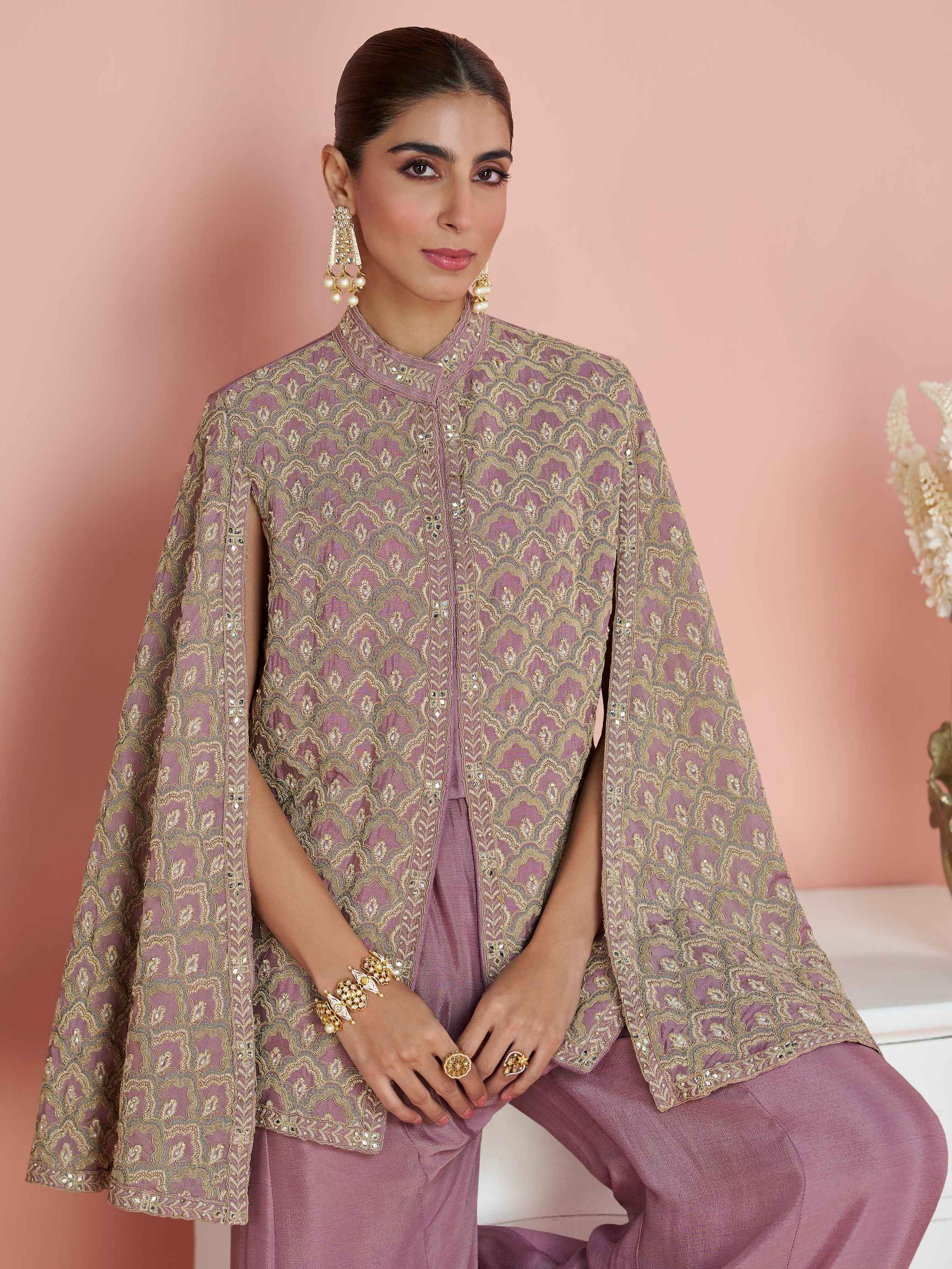 Lavender Silk Cape Style Embroidered Peplum Top with Palazzo Set Palazzo Set Anant Tex Exports Pvt.Ltd..