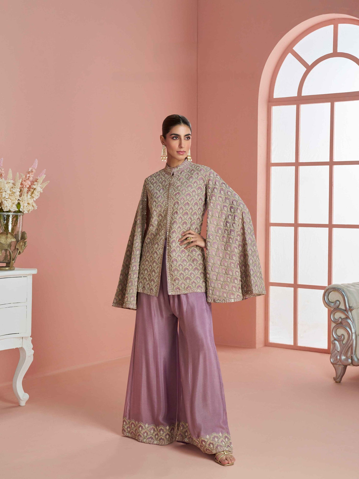Lavender Silk Cape Style Embroidered Peplum Top with Palazzo Set Palazzo Set Anant Tex Exports Pvt.Ltd..
