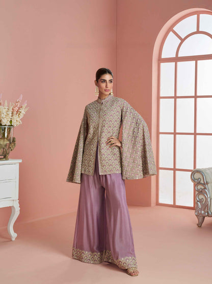 Lavender Silk Cape Style Embroidered Peplum Top with Palazzo Set Palazzo Set Anant Tex Exports Pvt.Ltd..