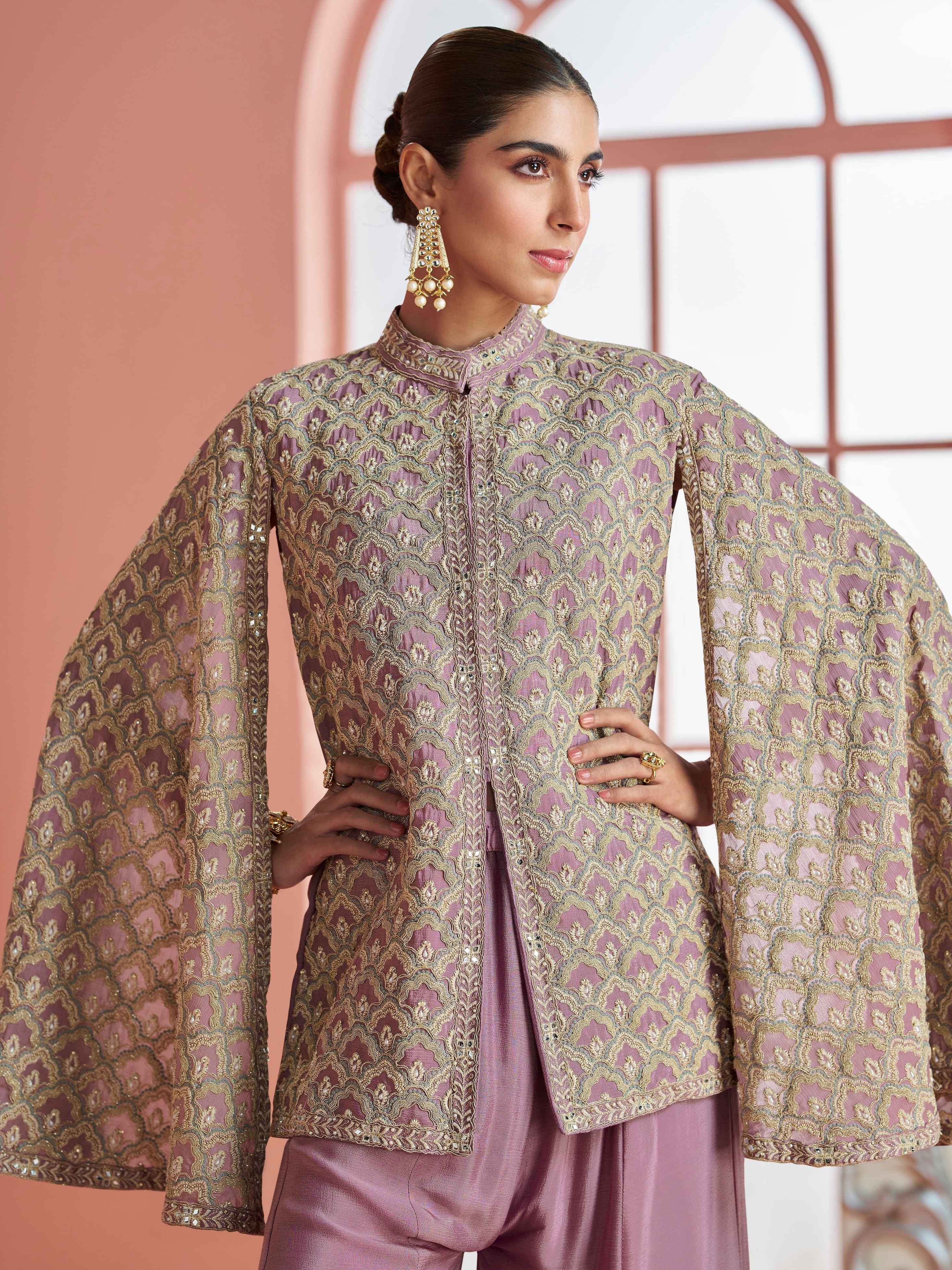 Lavender Silk Cape Style Embroidered Peplum Top with Palazzo Set Palazzo Set Anant Tex Exports Pvt.Ltd..