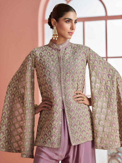 Lavender Silk Cape Style Embroidered Peplum Top with Palazzo Set Palazzo Set Anant Tex Exports Pvt.Ltd..