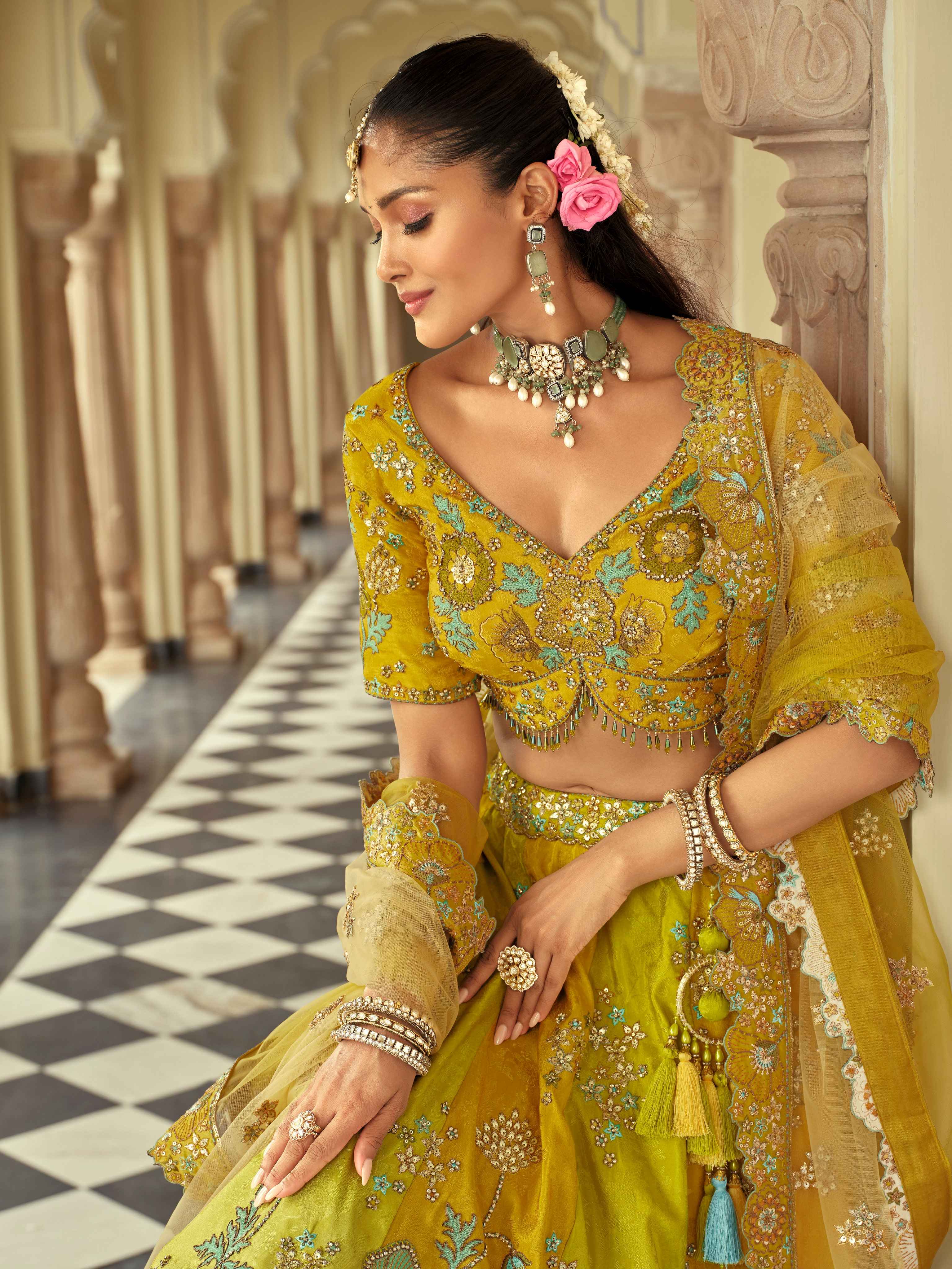 Lime Yellow Embroidered Silk Ready-to-Wear Lehenga Set