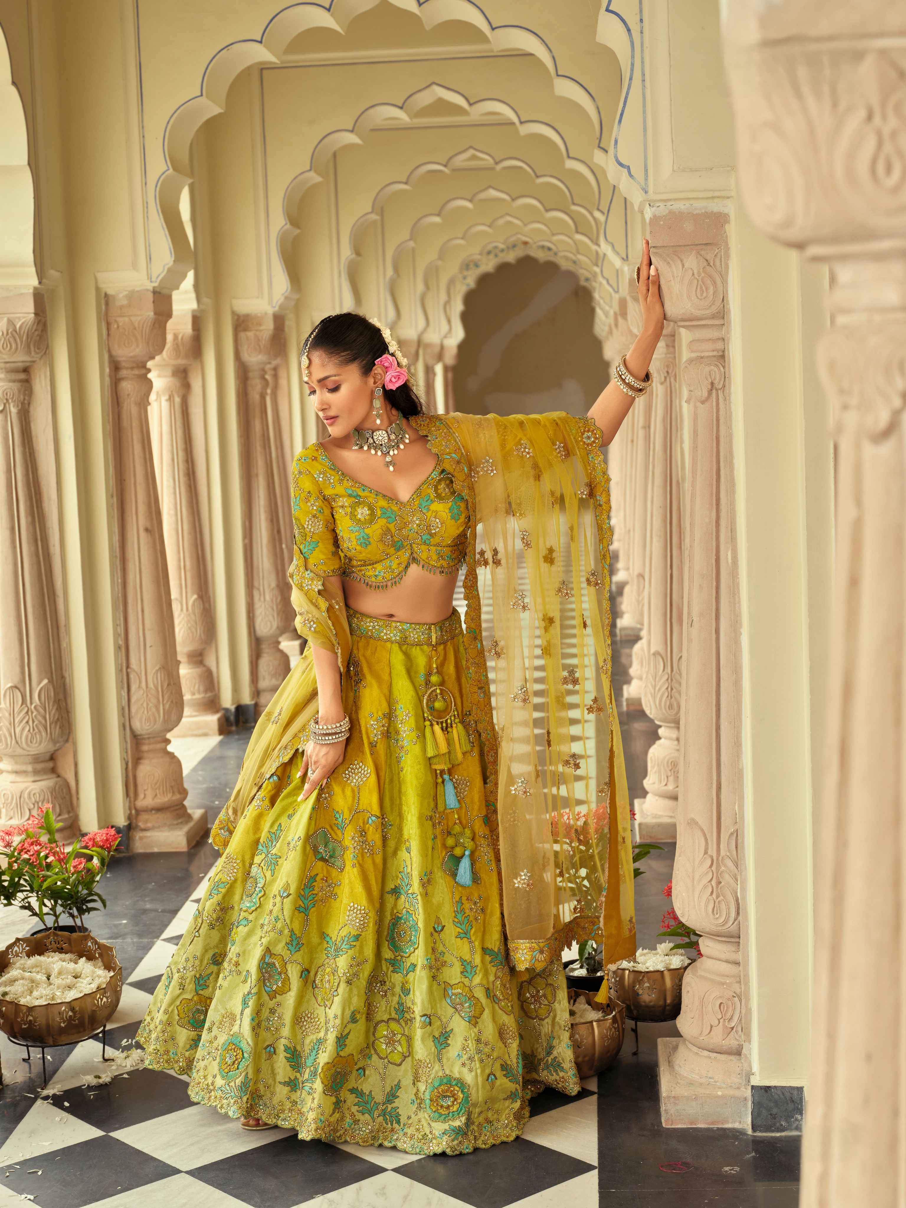 Lime Yellow Embroidered Silk Ready-to-Wear Lehenga Set