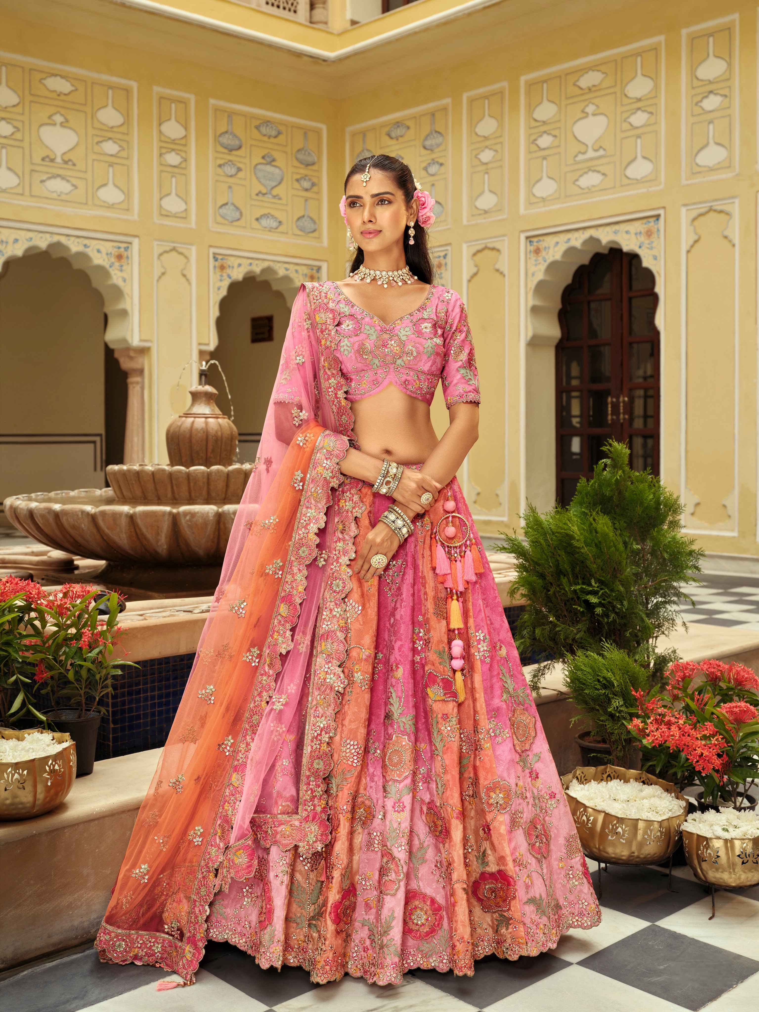 Blush Pink Floral Heavy Embroidered Silk Ready-to-Wear Lehenga
