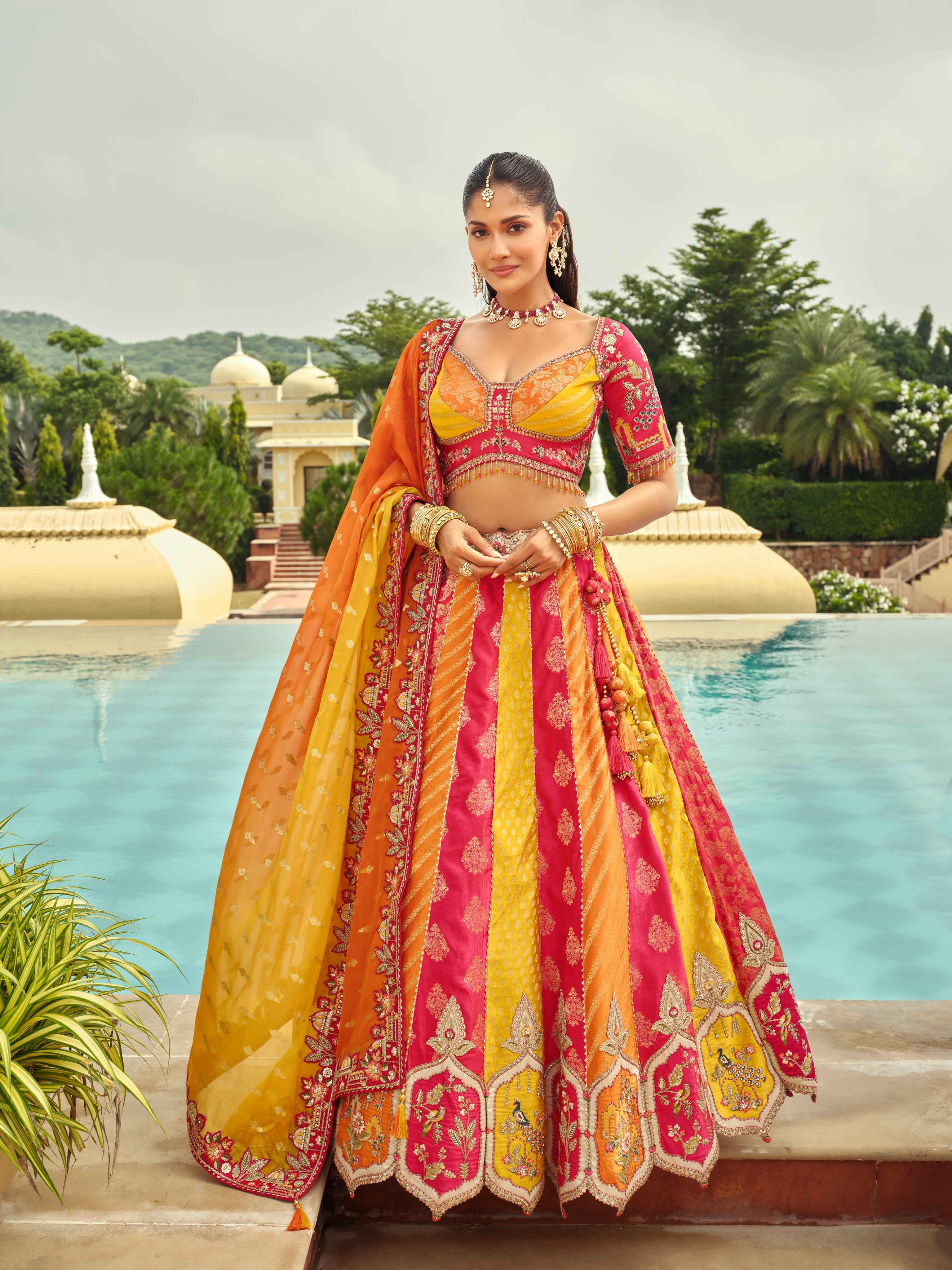 Maroon &amp; Mustard Patterned Silk Ready-to-Wear Lehenga Set Ready to wear lehenga Anant Tex Exports Pvt.Ltd..