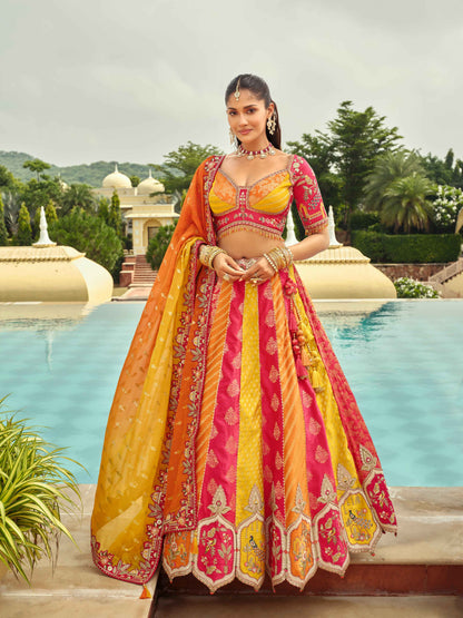 Maroon &amp; Mustard Patterned Silk Ready-to-Wear Lehenga Set Ready to wear lehenga Anant Tex Exports Pvt.Ltd..