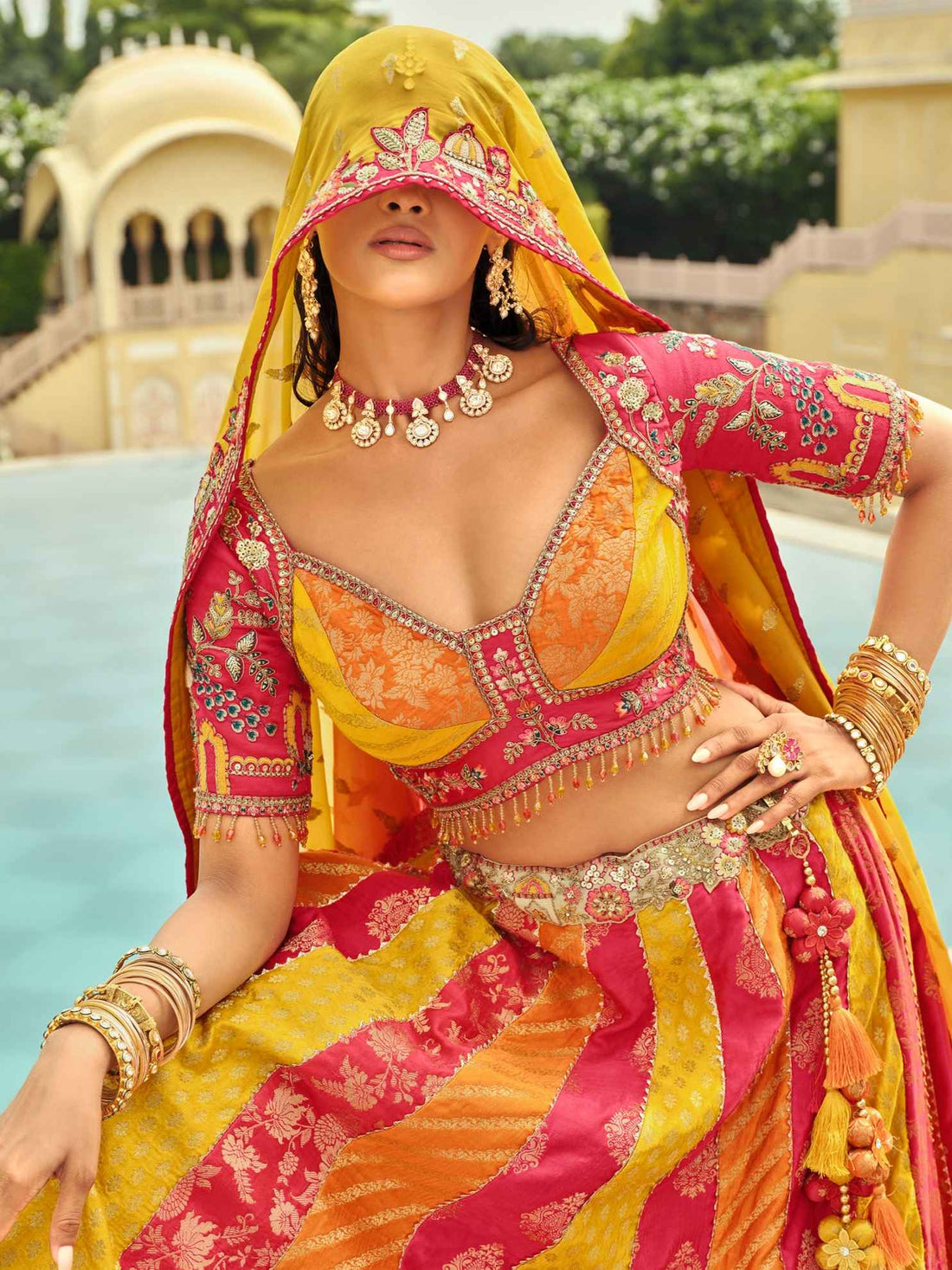 Maroon &amp; Mustard Patterned Silk Ready-to-Wear Lehenga Set Ready to wear lehenga Anant Tex Exports Pvt.Ltd..