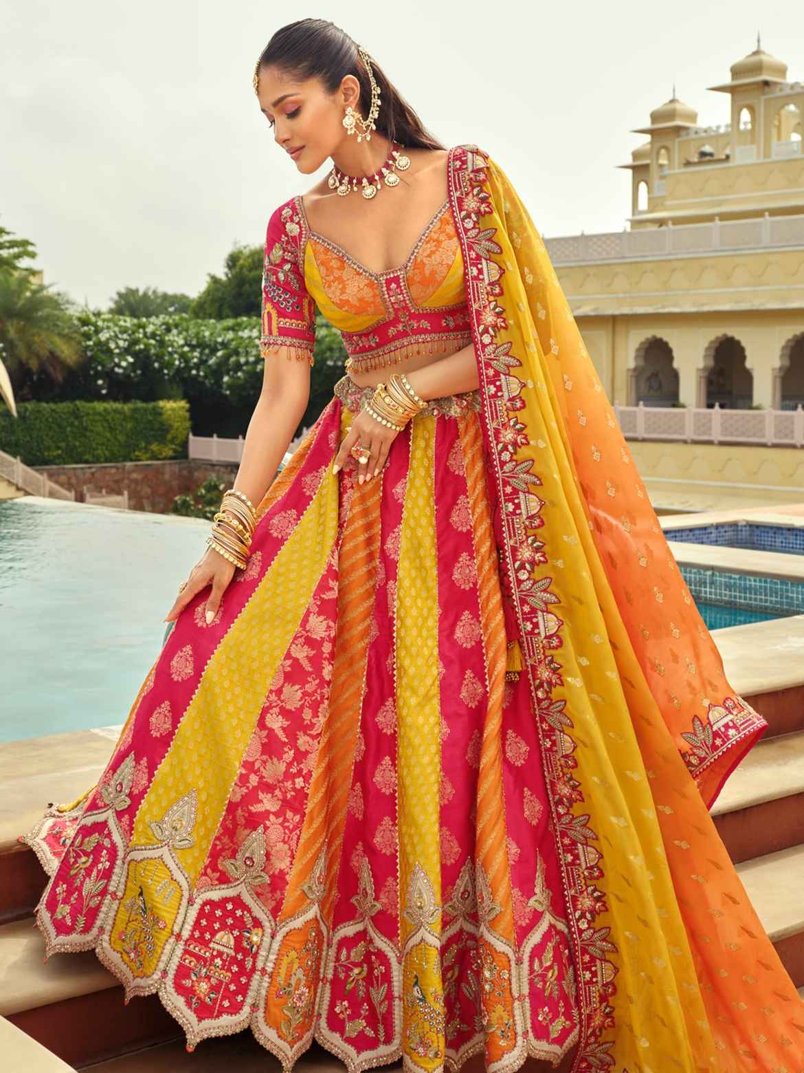 Maroon & Mustard Patterned Silk Ready-to-Wear Lehenga Set
