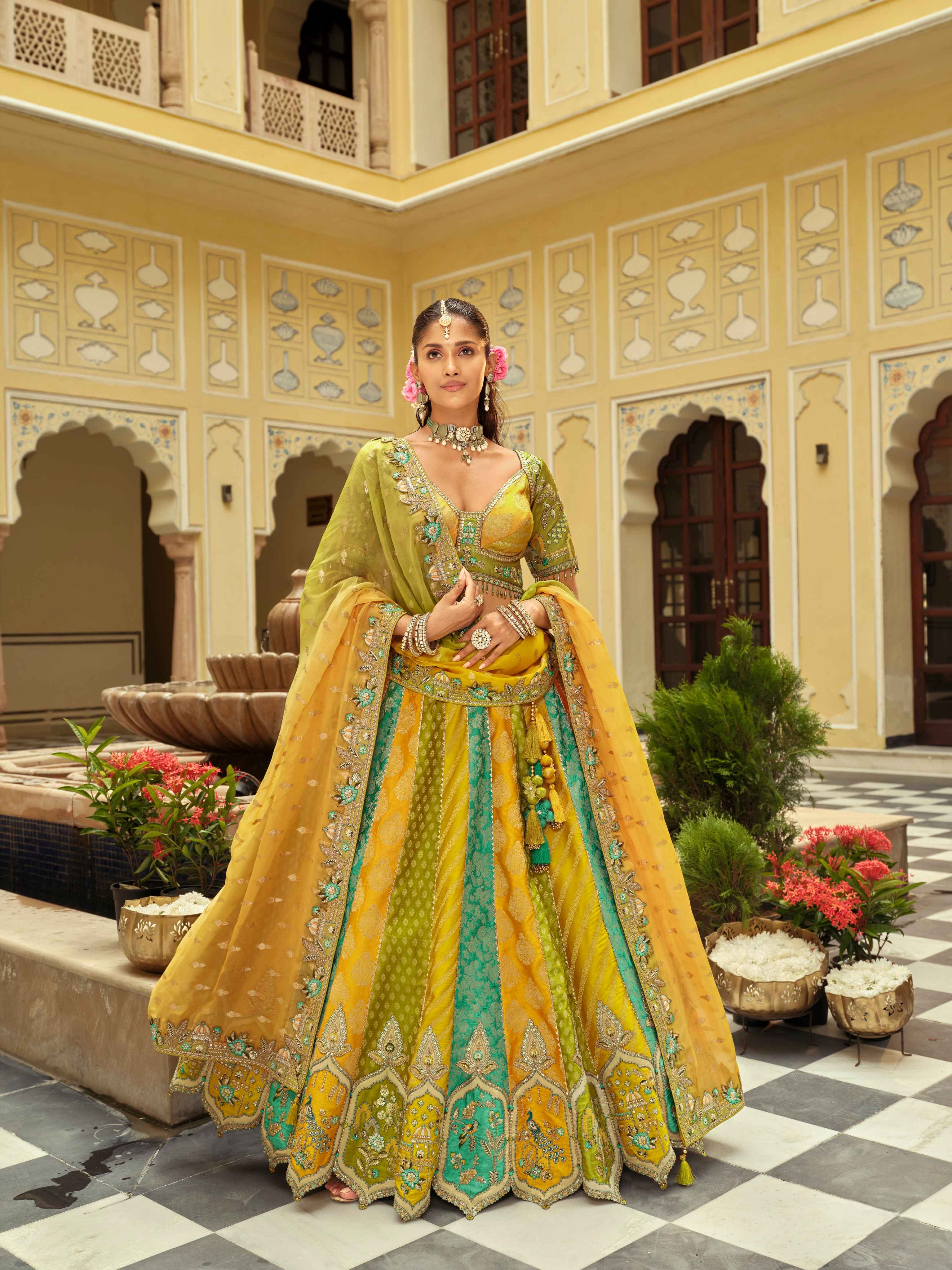 Mustard & Teal Heavy Work Silk Ready-to-Wear Lehenga Set