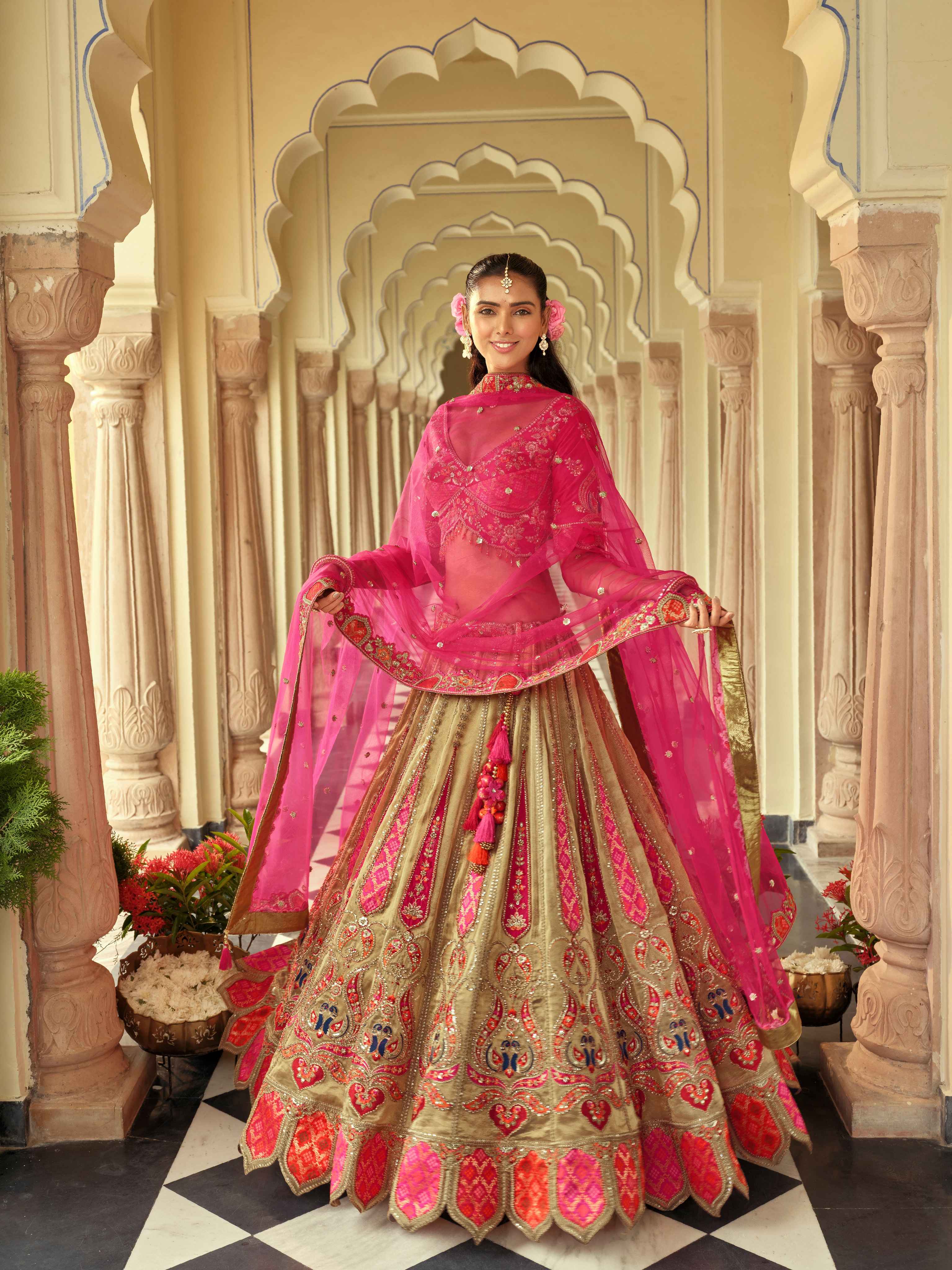 Rose Pink & Beige Embroidered Silk Ready-to-Wear Lehenga