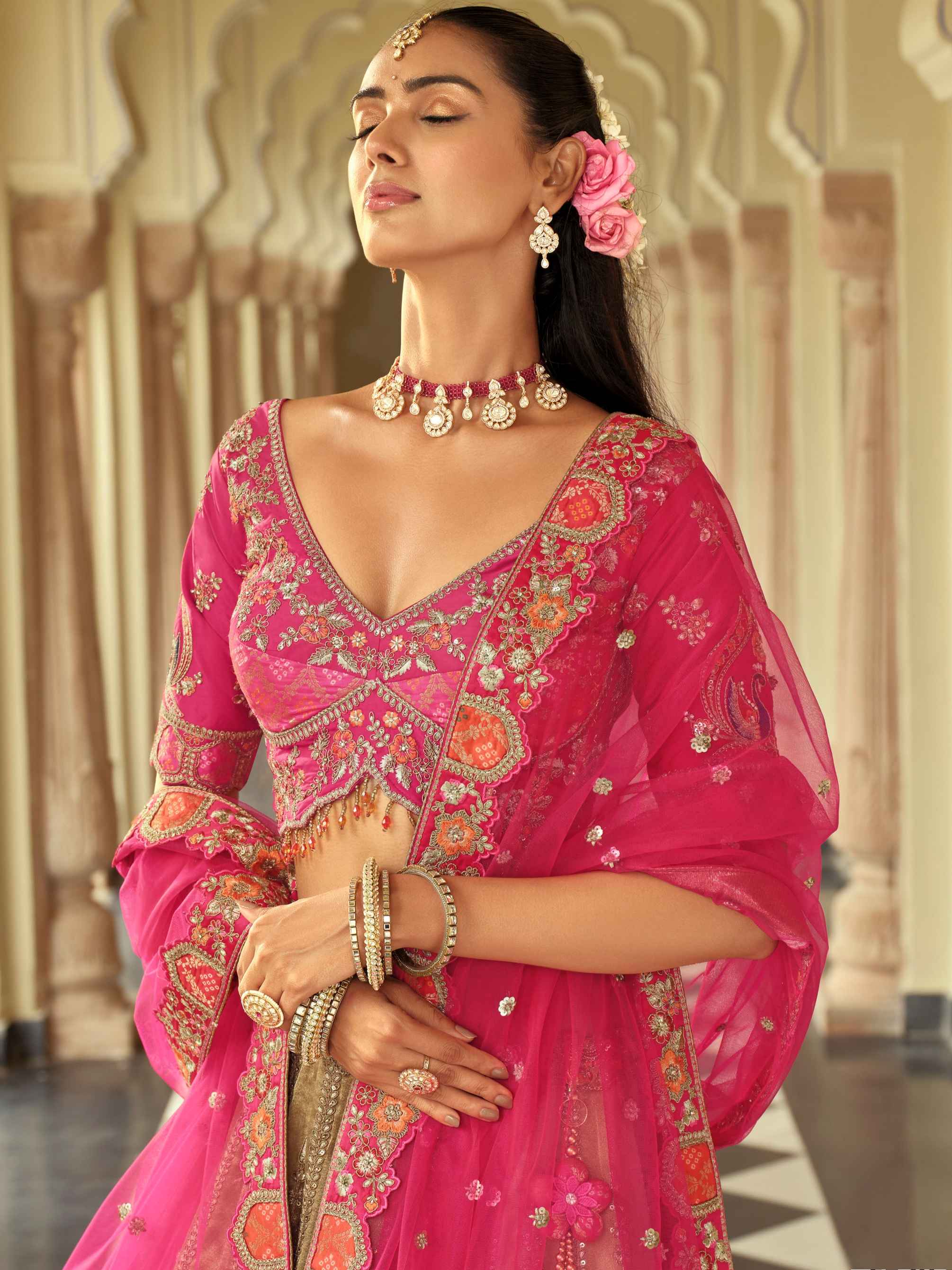 Rose Pink & Beige Embroidered Silk Ready-to-Wear Lehenga