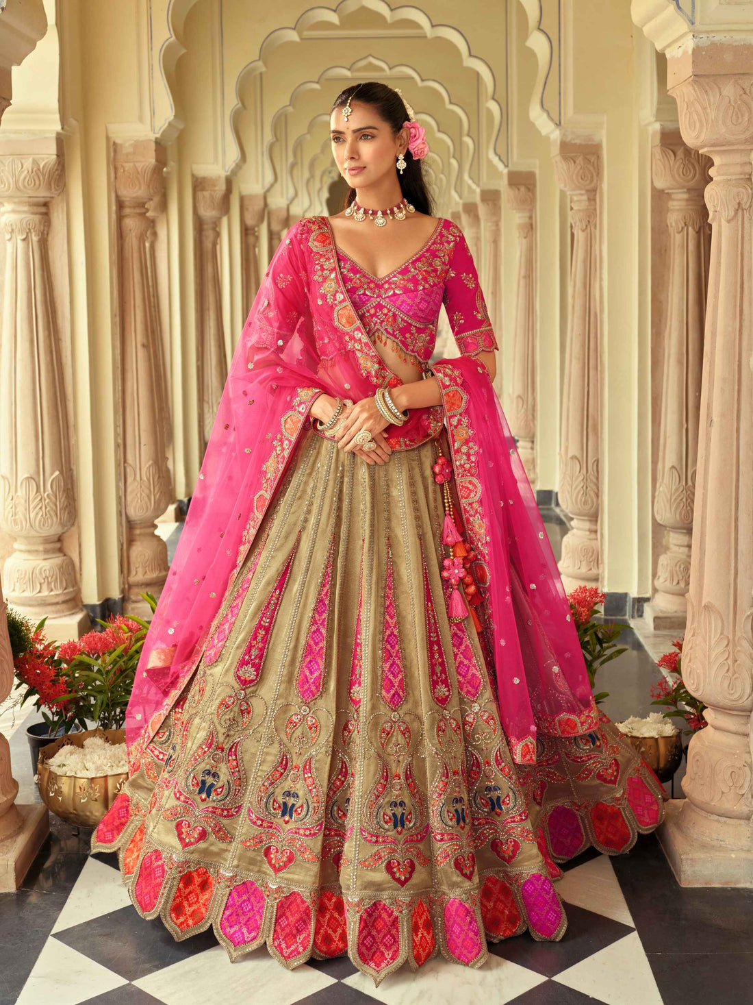 Rose Pink &amp; Beige Embroidered Silk Ready-to-Wear Lehenga Ready to wear lehenga Anant Tex Exports Pvt.Ltd..