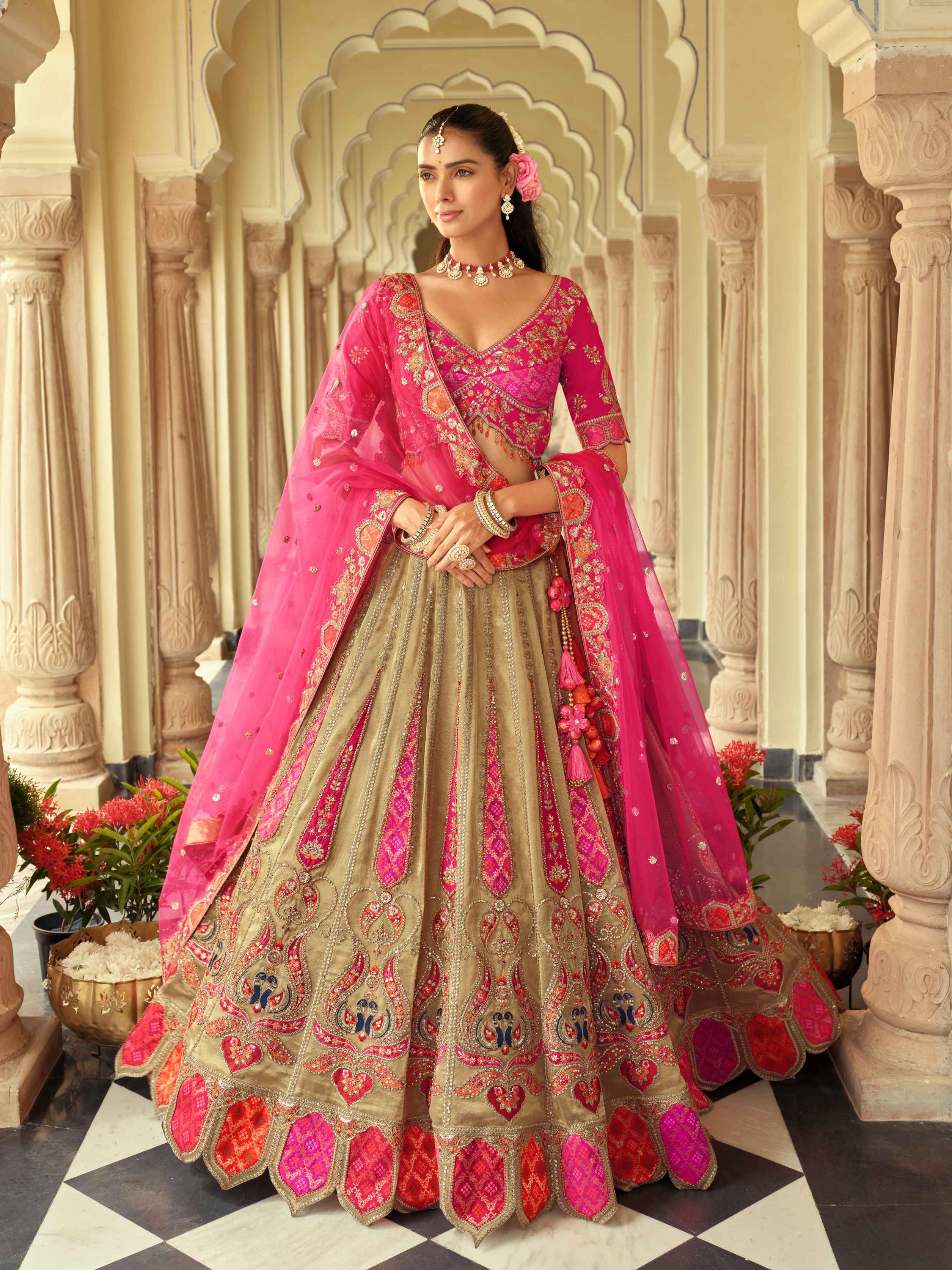 Rose Pink & Beige Embroidered Silk Ready-to-Wear Lehenga