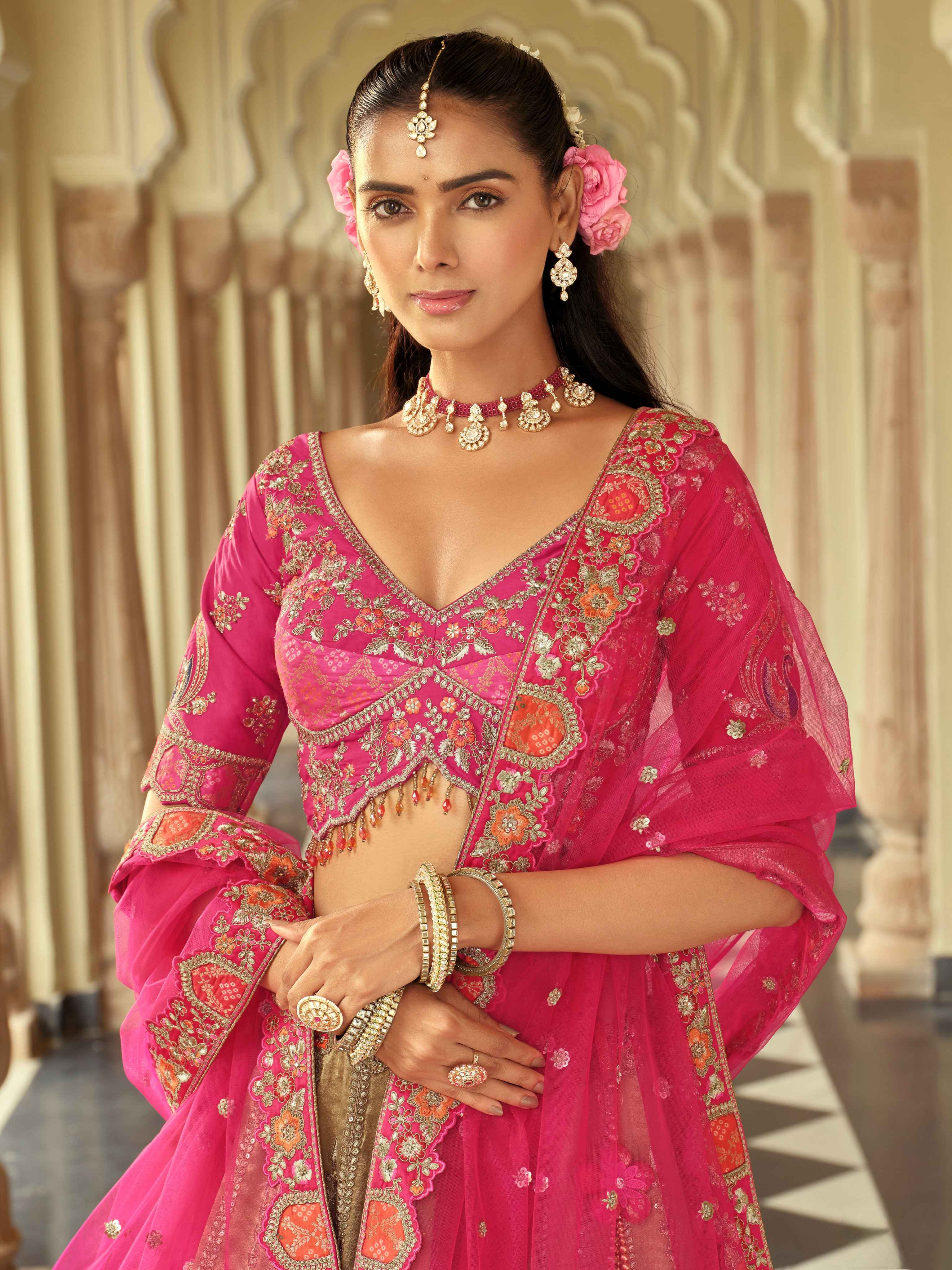 Rose Pink & Beige Embroidered Silk Ready-to-Wear Lehenga