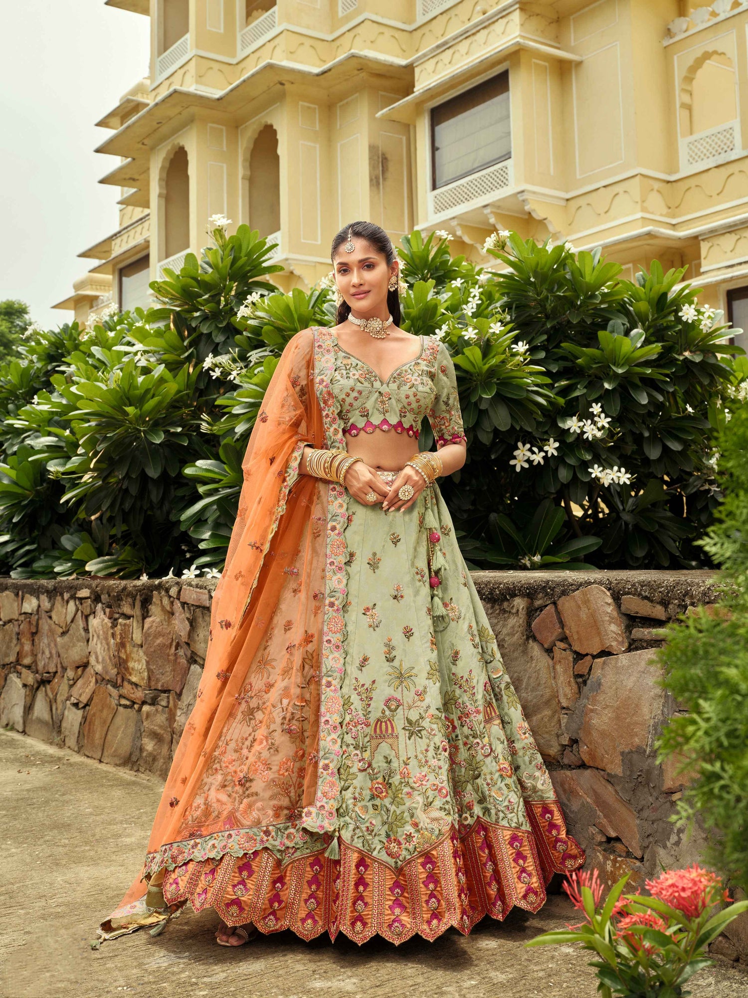Olive Green &amp; Peach Heavy Embroidered Silk Ready-to-Wear Lehenga Set Ready to wear lehenga Anant Tex Exports Pvt.Ltd..