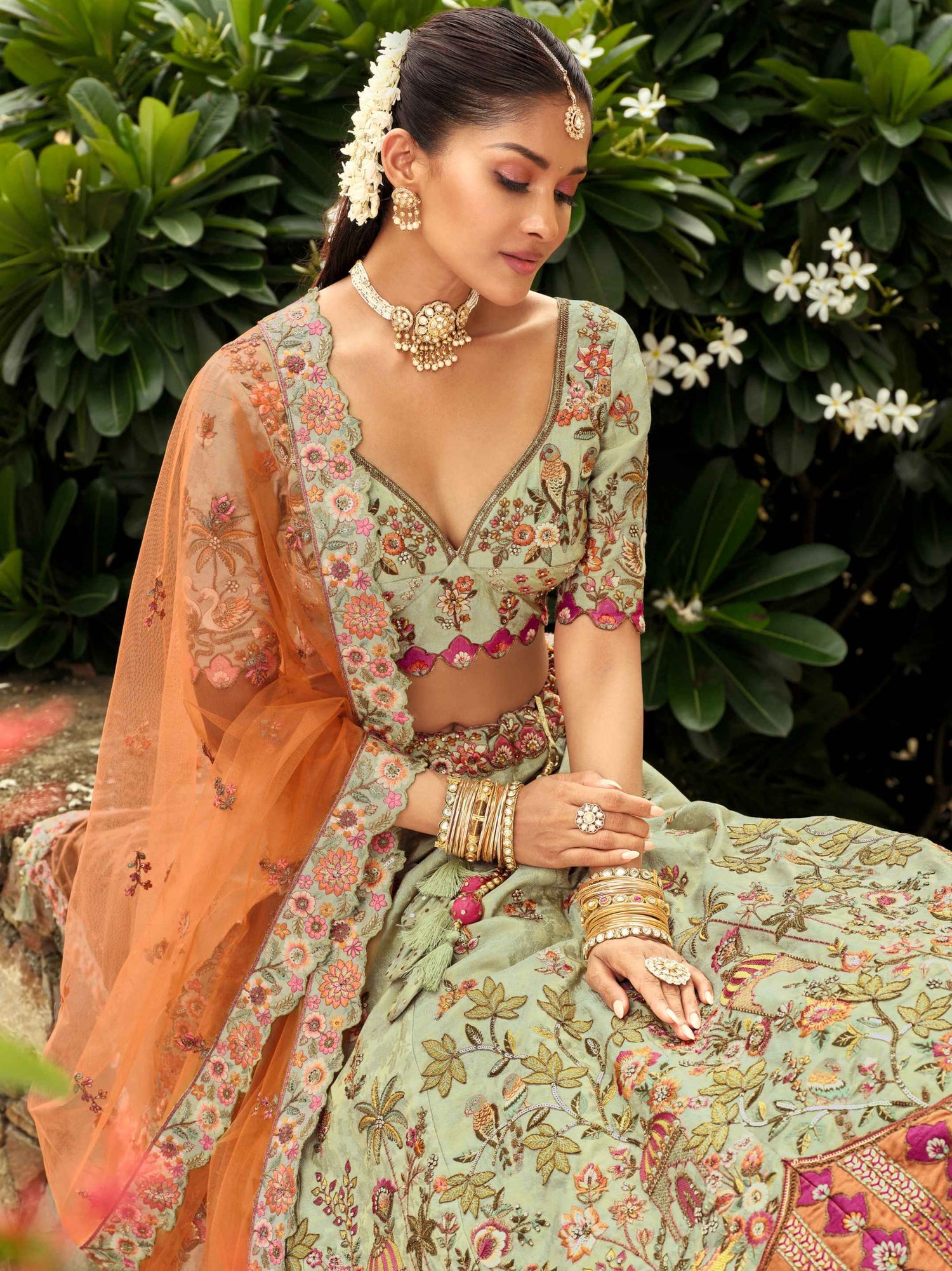 Olive Green &amp; Peach Heavy Embroidered Silk Ready-to-Wear Lehenga Set Ready to wear lehenga Anant Tex Exports Pvt.Ltd..