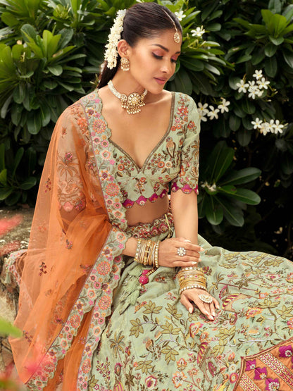 Olive Green &amp; Peach Heavy Embroidered Silk Ready-to-Wear Lehenga Set Ready to wear lehenga Anant Tex Exports Pvt.Ltd..