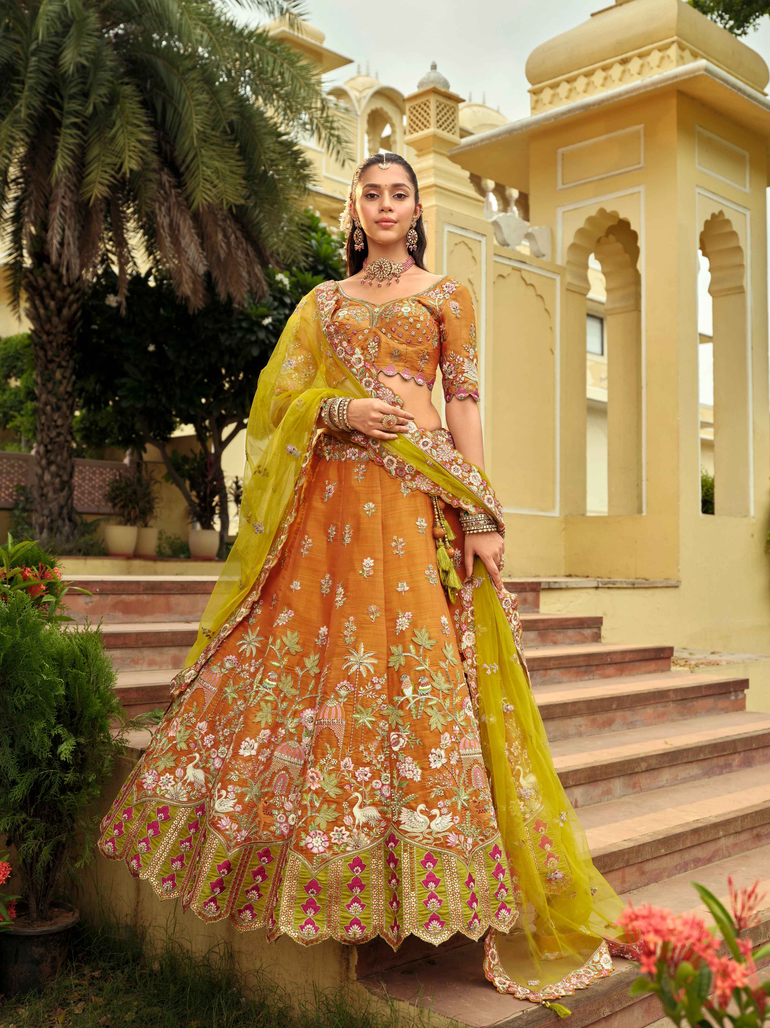 Sunset Orange Ready-to-Wear Lehenga with Dual-Tone Dupatta