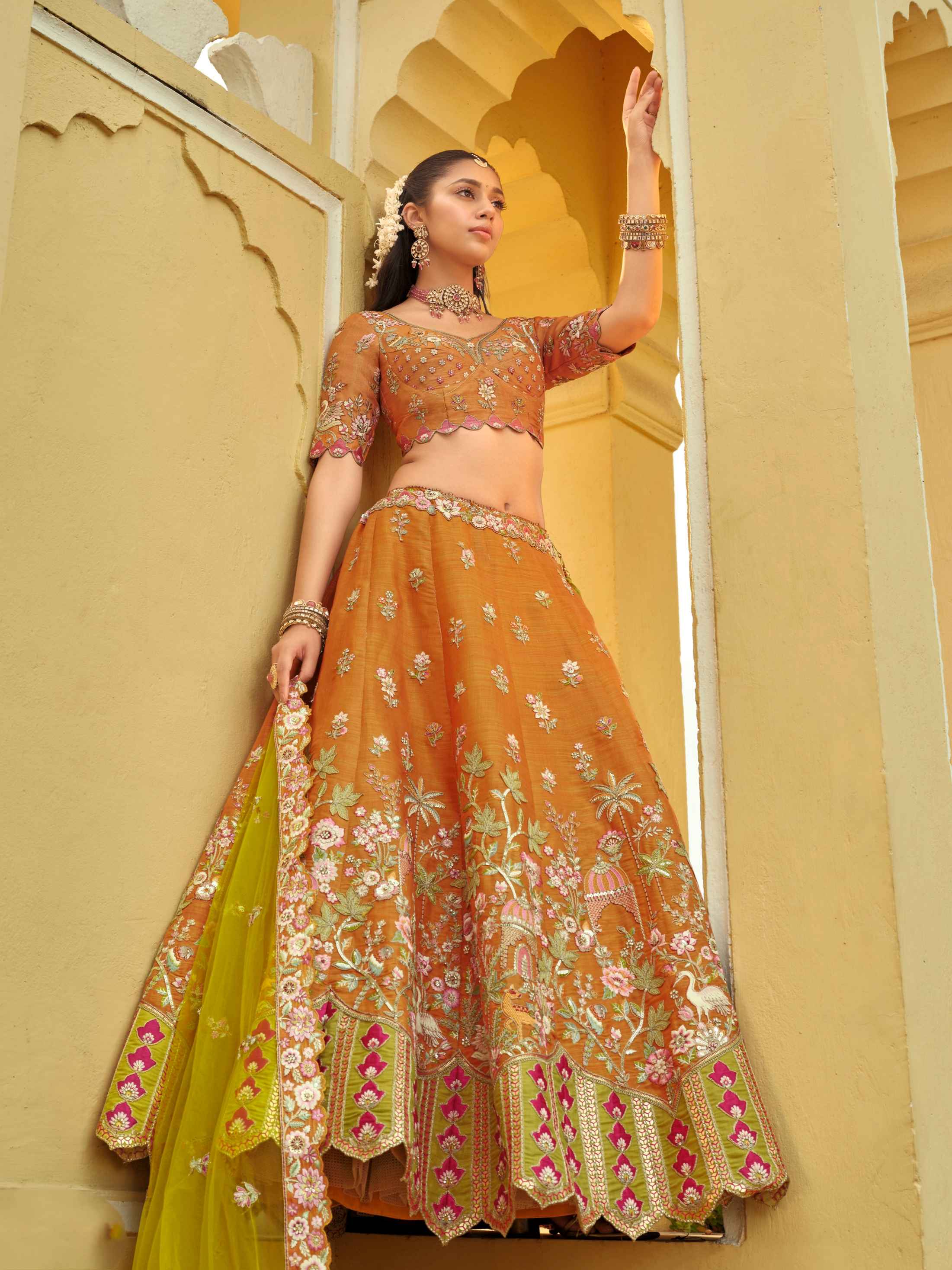 Sunset Orange Ready-to-Wear Lehenga with Dual-Tone Dupatta