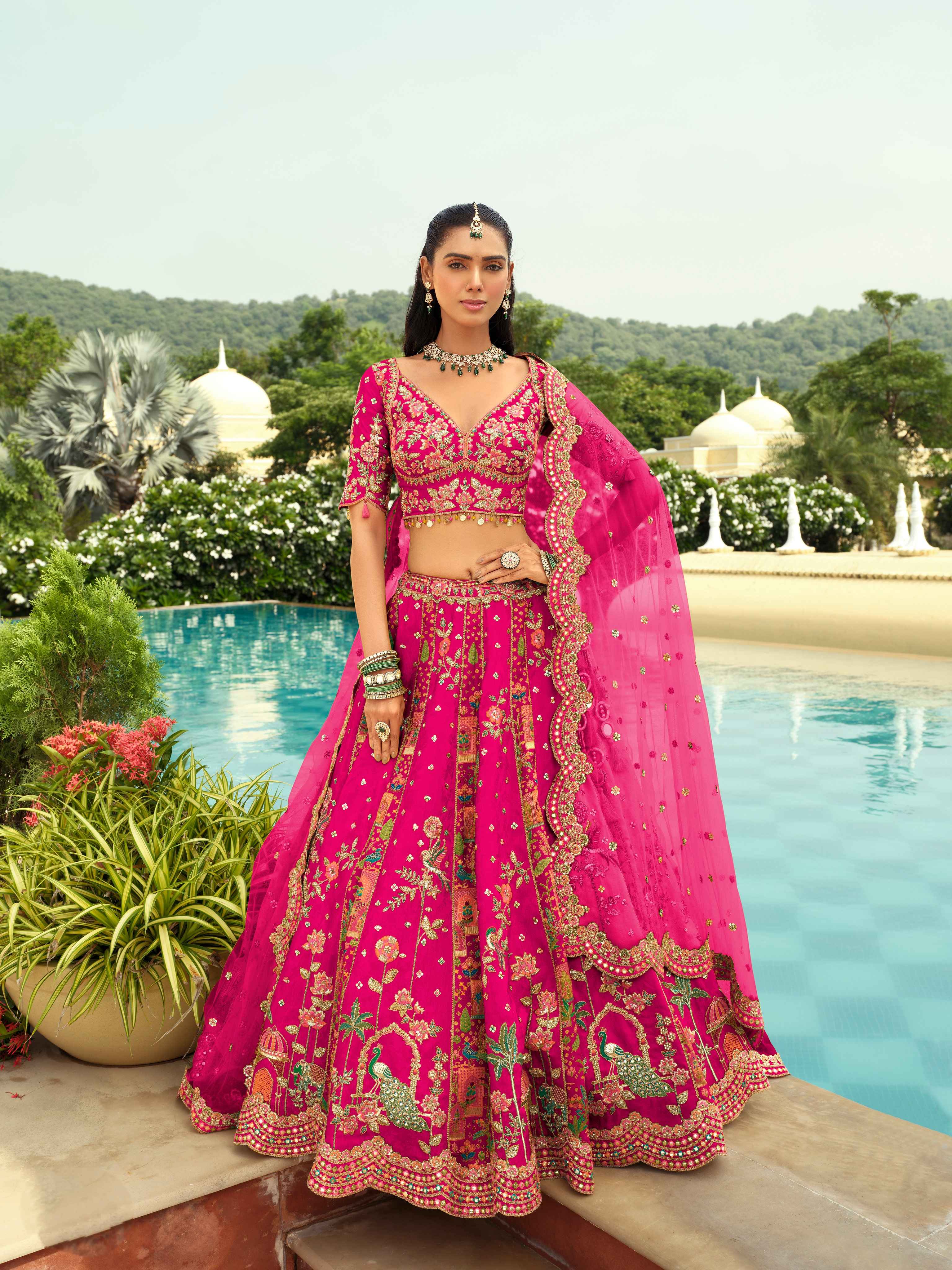 Fuchsia Pink Embroidered Silk Ready-to-Wear Lehenga Set