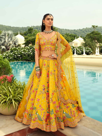 Yellow Floral Embroidered Silk Ready-to-Wear Lehenga with Dupatta Ready to wear lehenga Anant Tex Exports Pvt.Ltd..