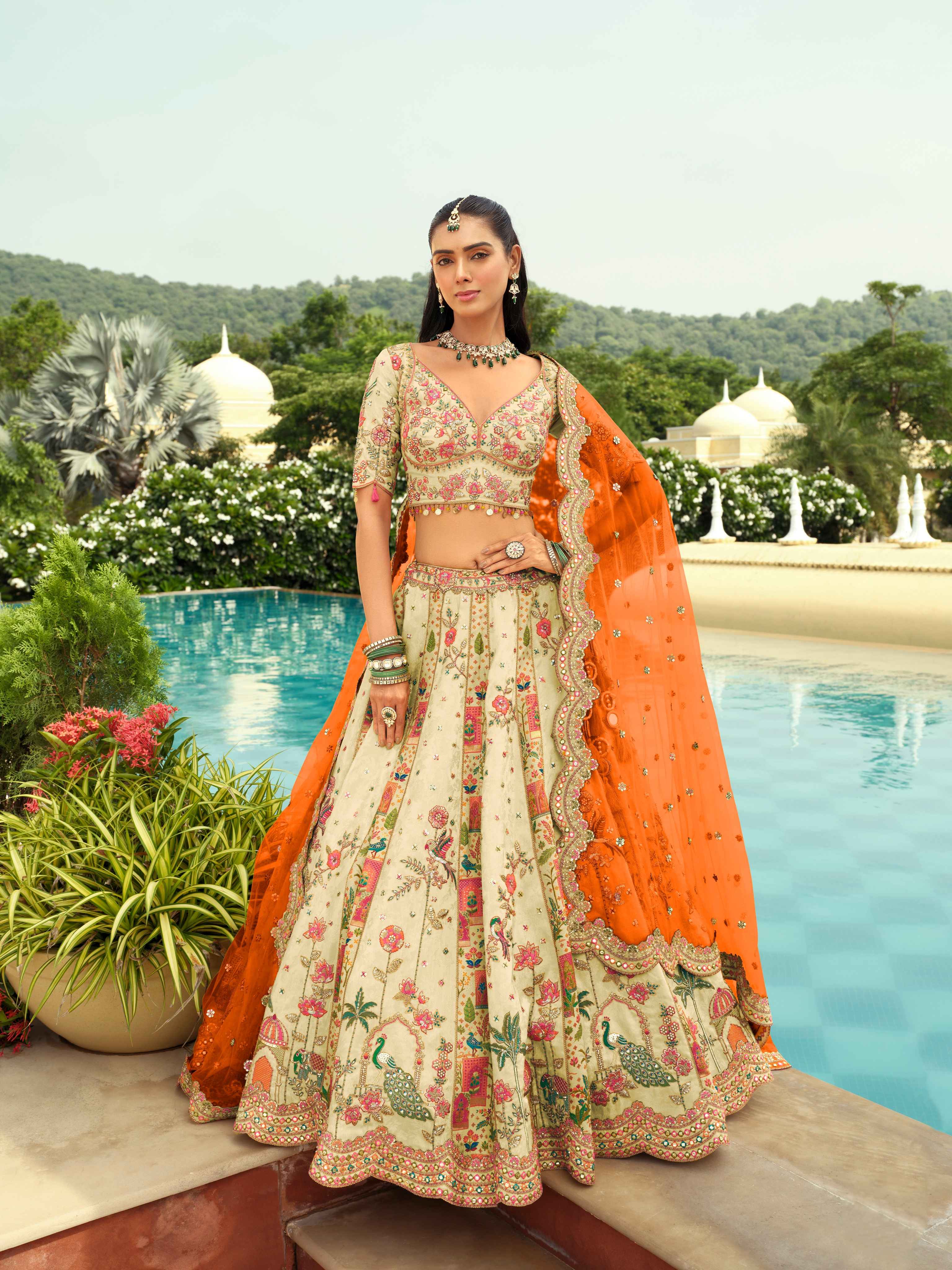 Ivory & Orange Embroidered Silk Ready-to-Wear Lehenga with Net Dupatta
