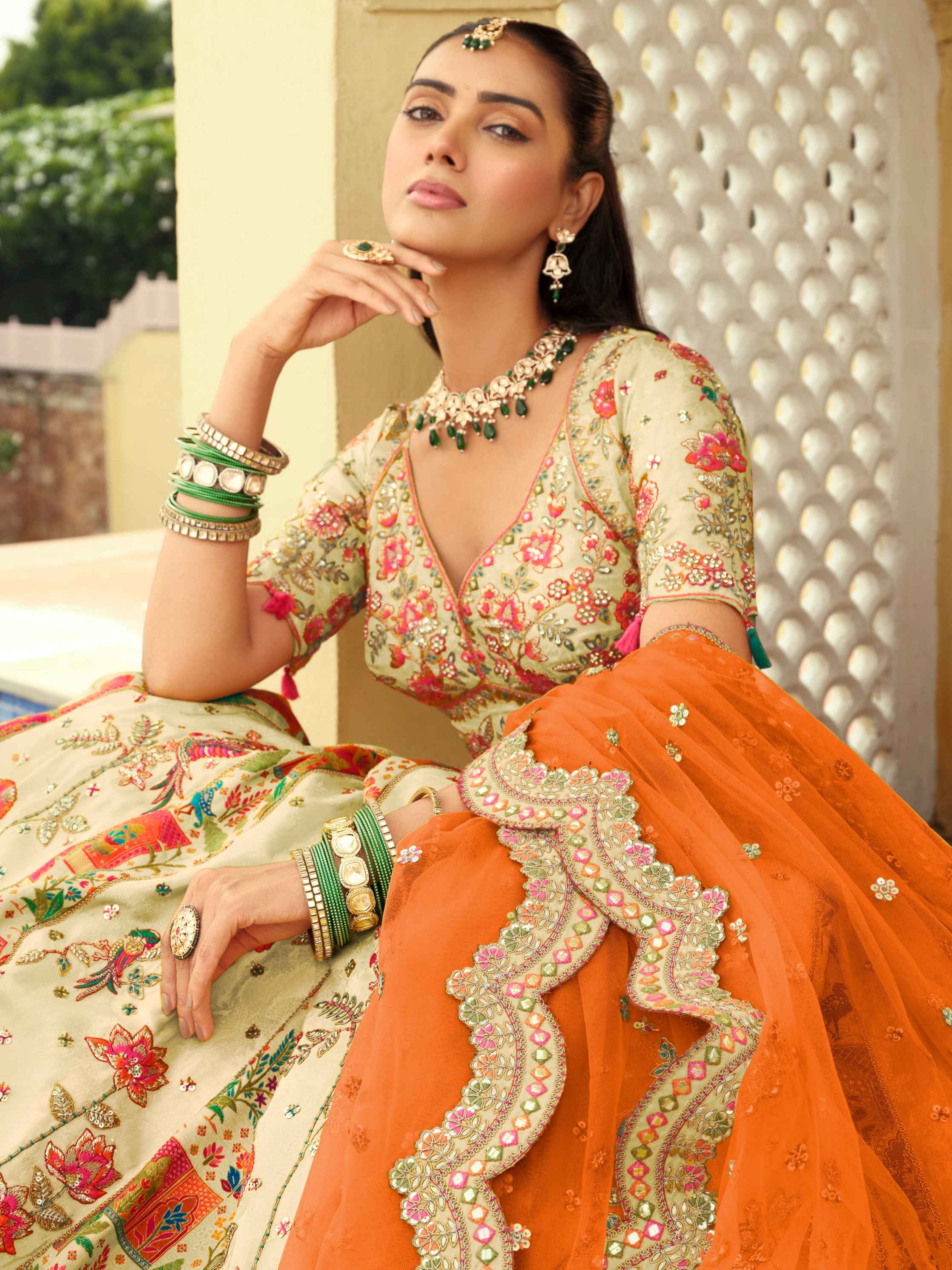 Ivory & Orange Embroidered Silk Ready-to-Wear Lehenga with Net Dupatta
