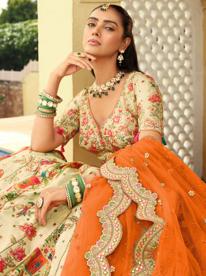 Ivory &amp; Orange Embroidered Silk Ready-to-Wear Lehenga with Net Dupatta Ready to wear lehenga Anant Tex Exports Pvt.Ltd..