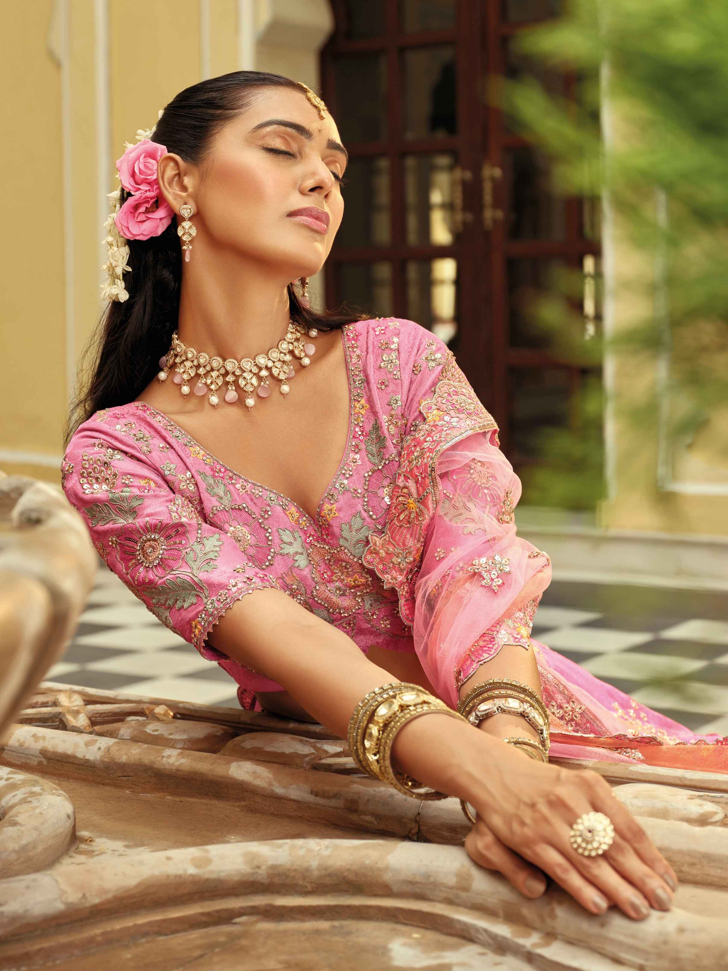 Blush Pink Floral Heavy Embroidered Silk Ready-to-Wear Lehenga