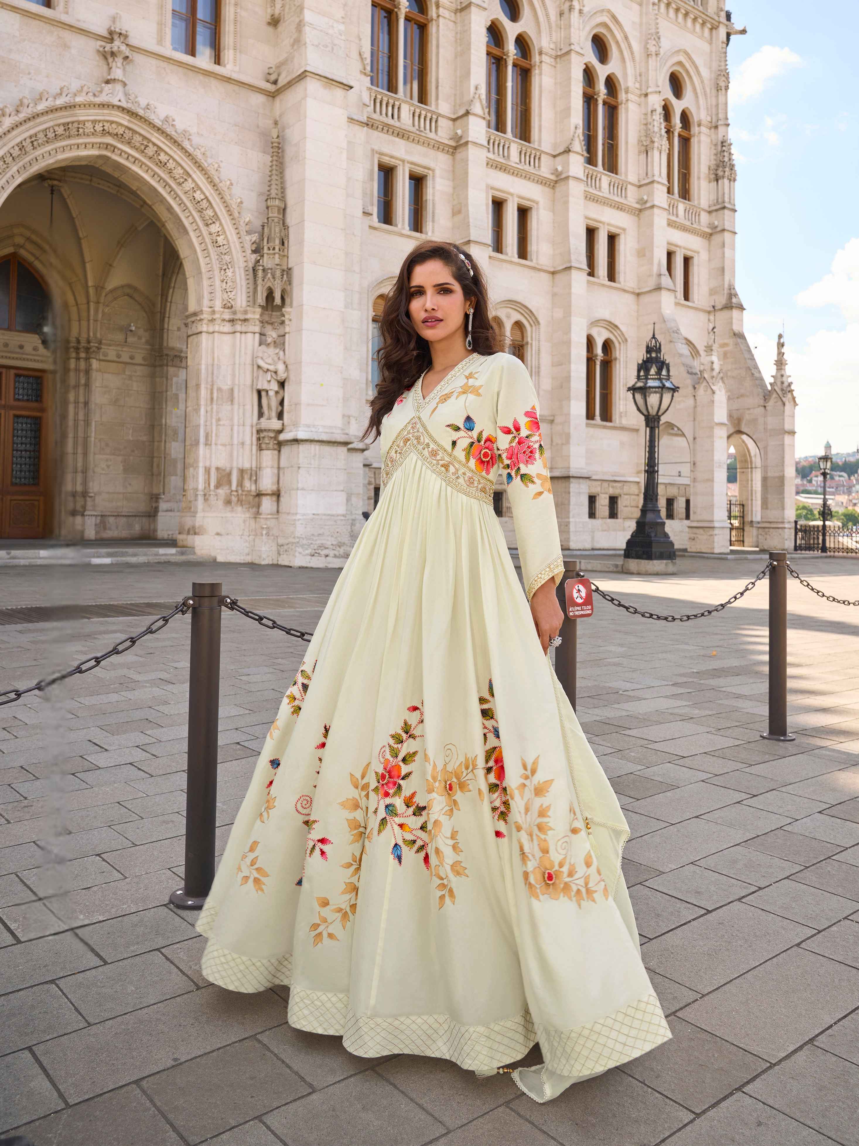 Ivory Floral Embroidered Chinon Silk Wedding Reception Gown