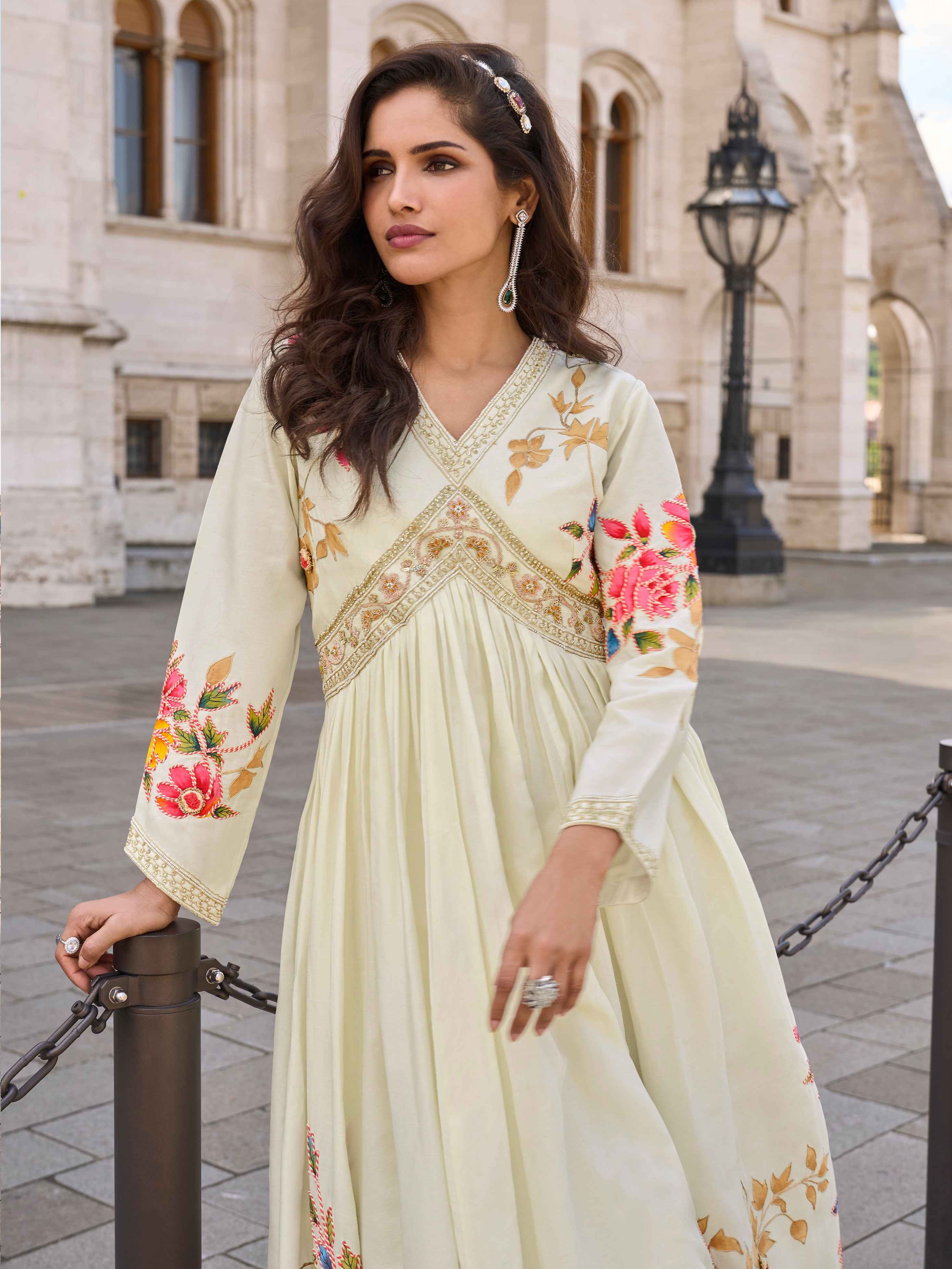 Ivory Floral Embroidered Chinon Silk Wedding Reception Gown