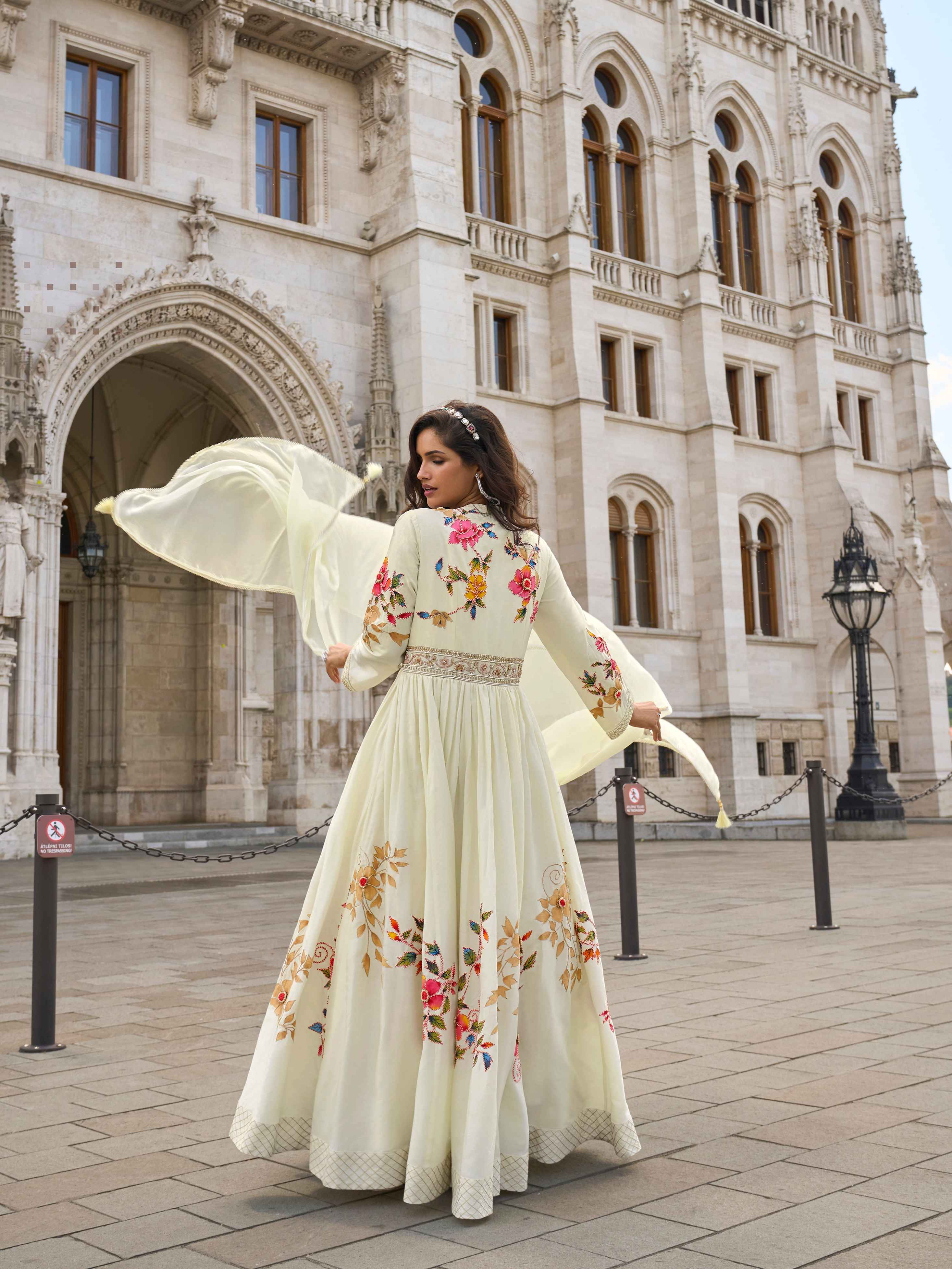 Ivory Floral Embroidered Chinon Silk Wedding Reception Gown