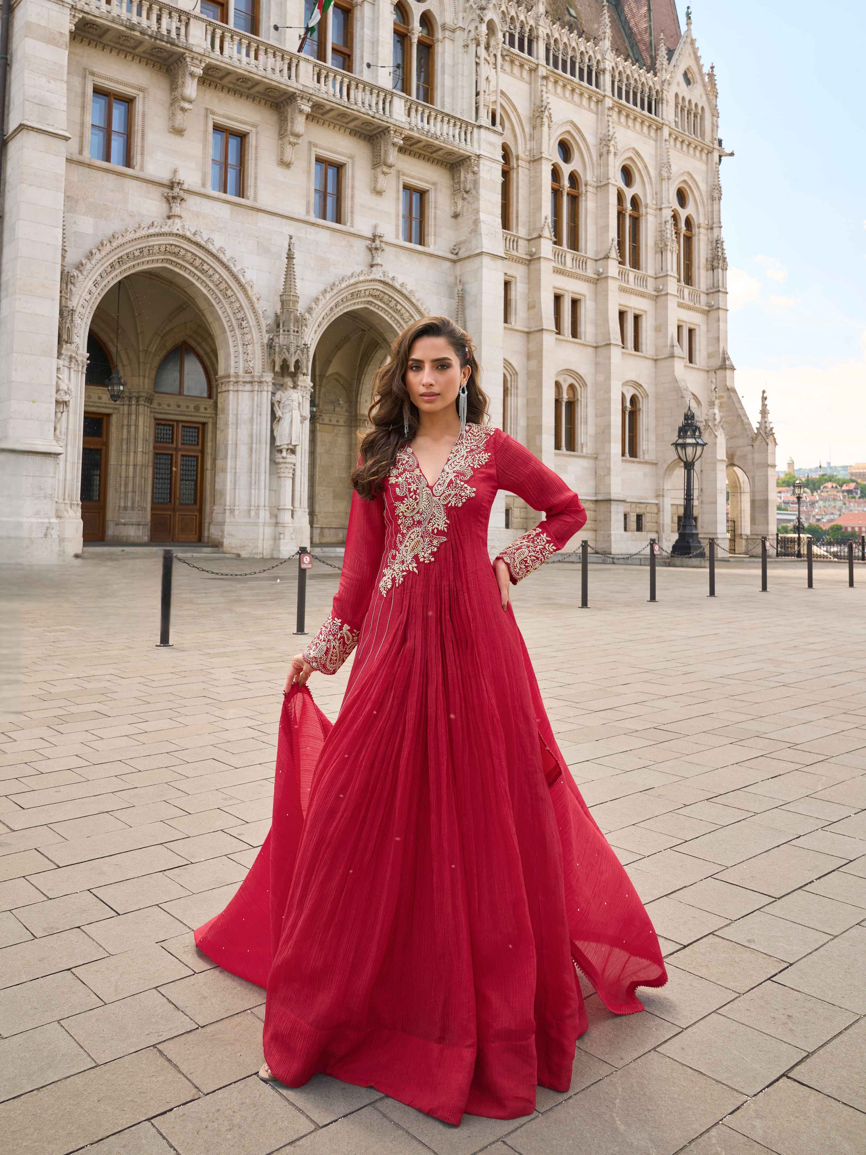 Maroon Hand-Embroidered Chinon Silk Designer Wedding Gown
